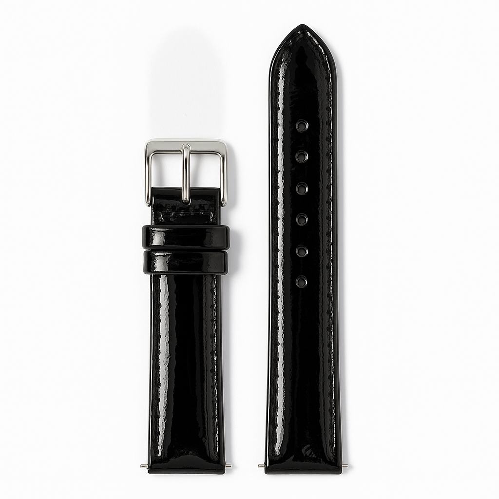 Black patent leather quick release watch band with silver buckle and padding, shown assembled and unattached