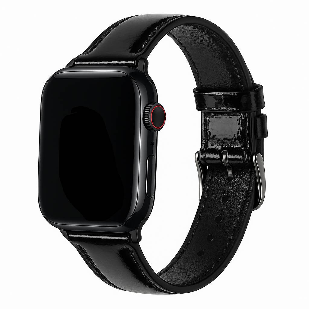 Black patent leather smartwatch band with quick release connector and padding for comfort
