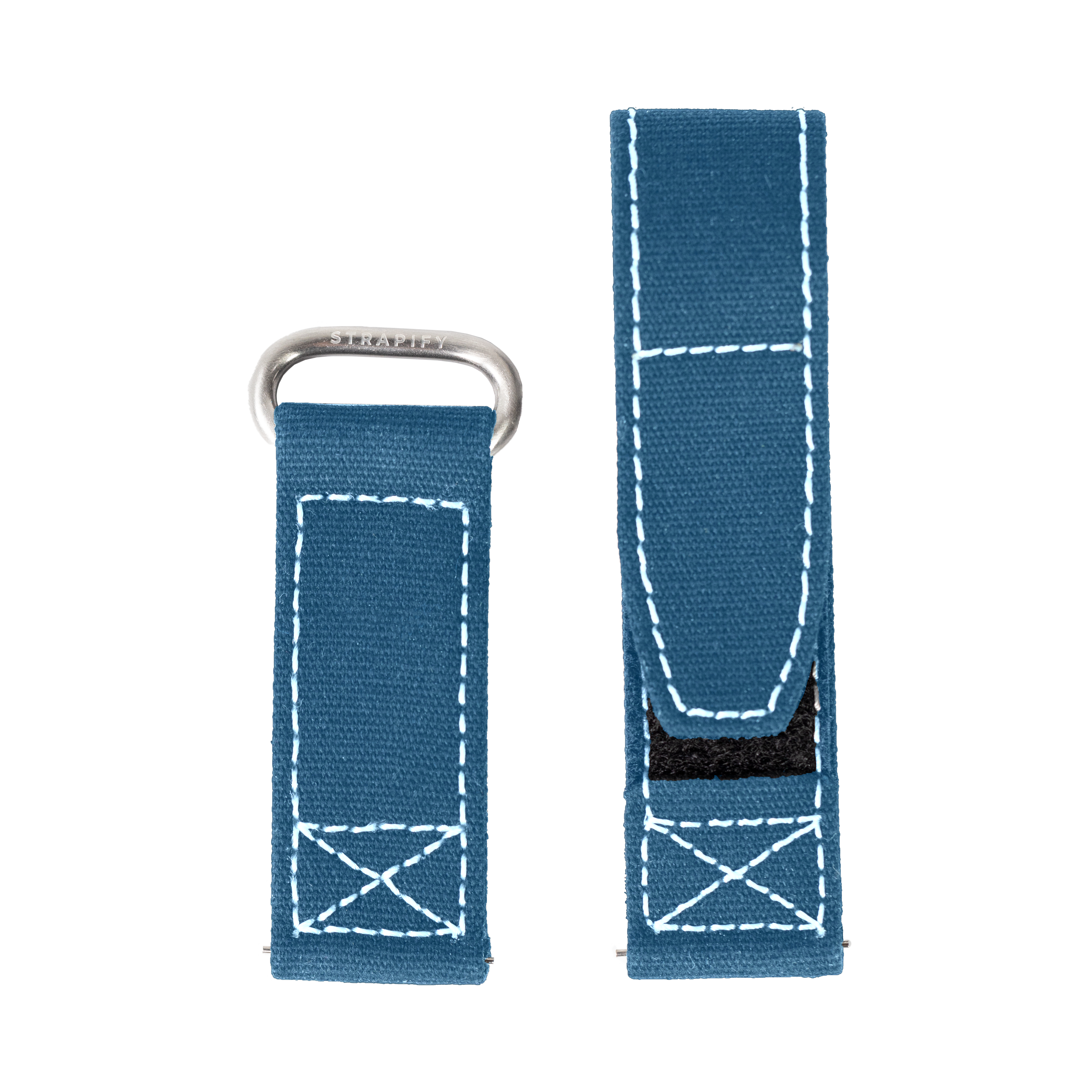 Military-style petrol blue fabric watch strap with white contrast stitching and quick-release velcro closure system