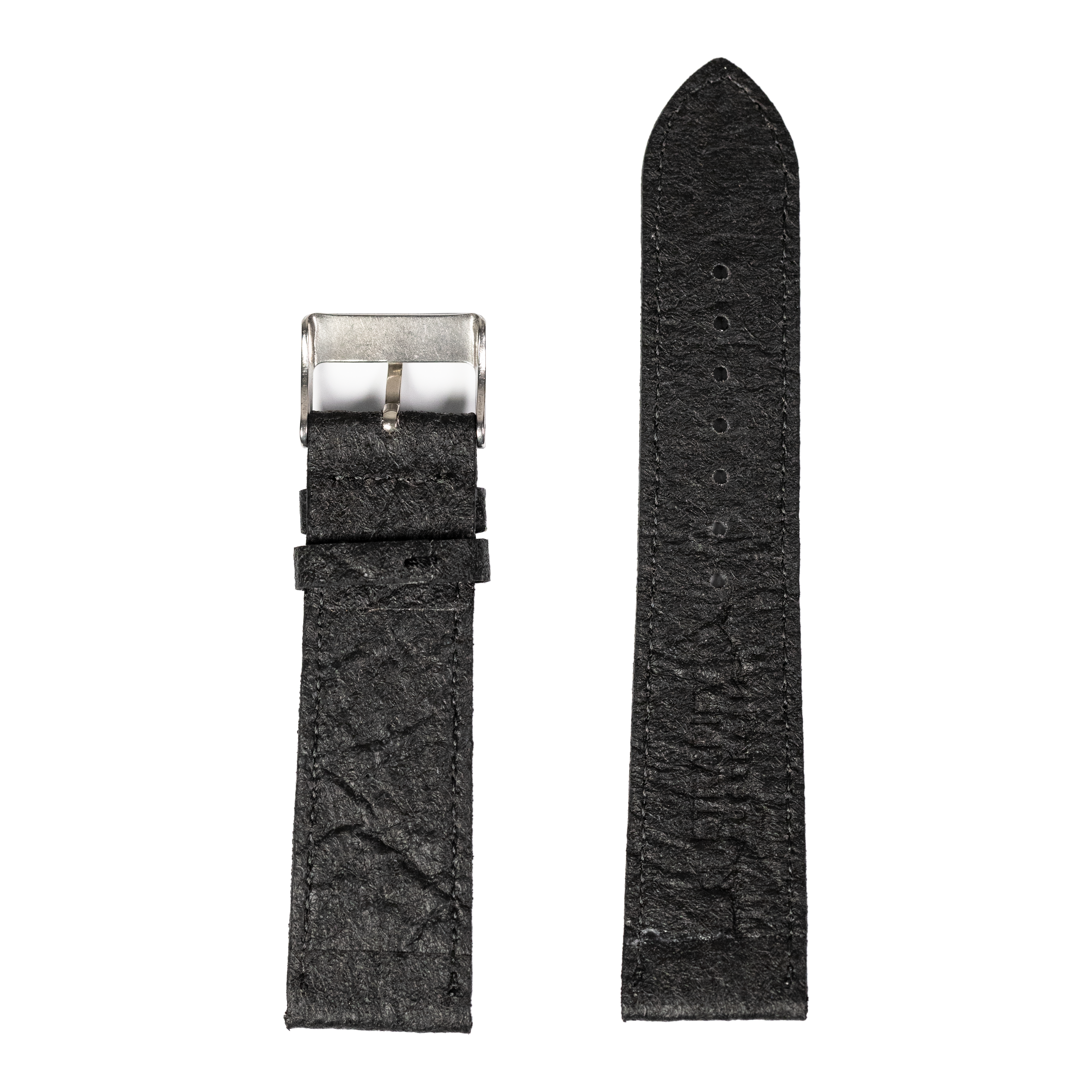 Black vegan leather quick release watch strap with silver buckle and textured finish