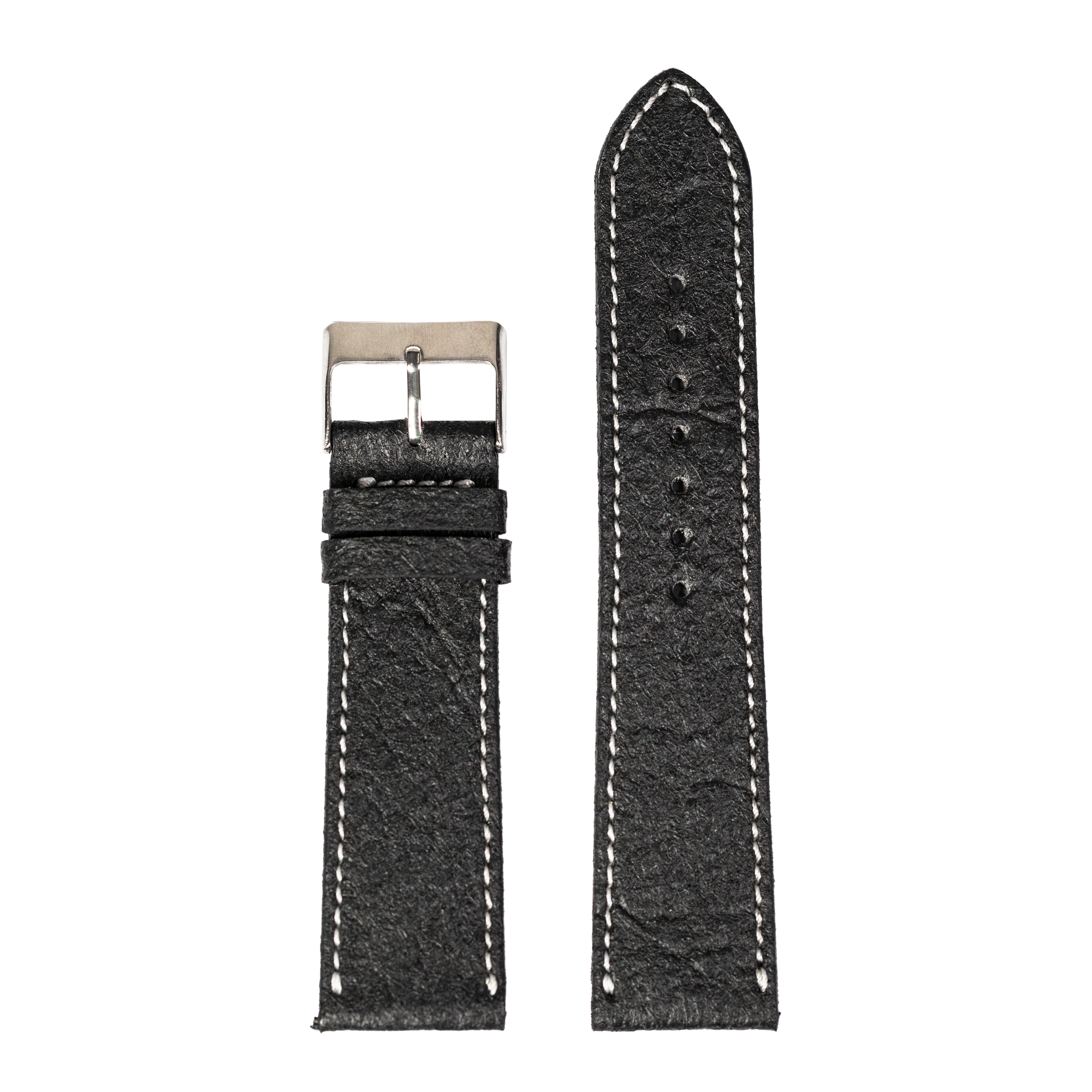 Black vegan leather quick release watch strap with white contrast stitching and silver buckle