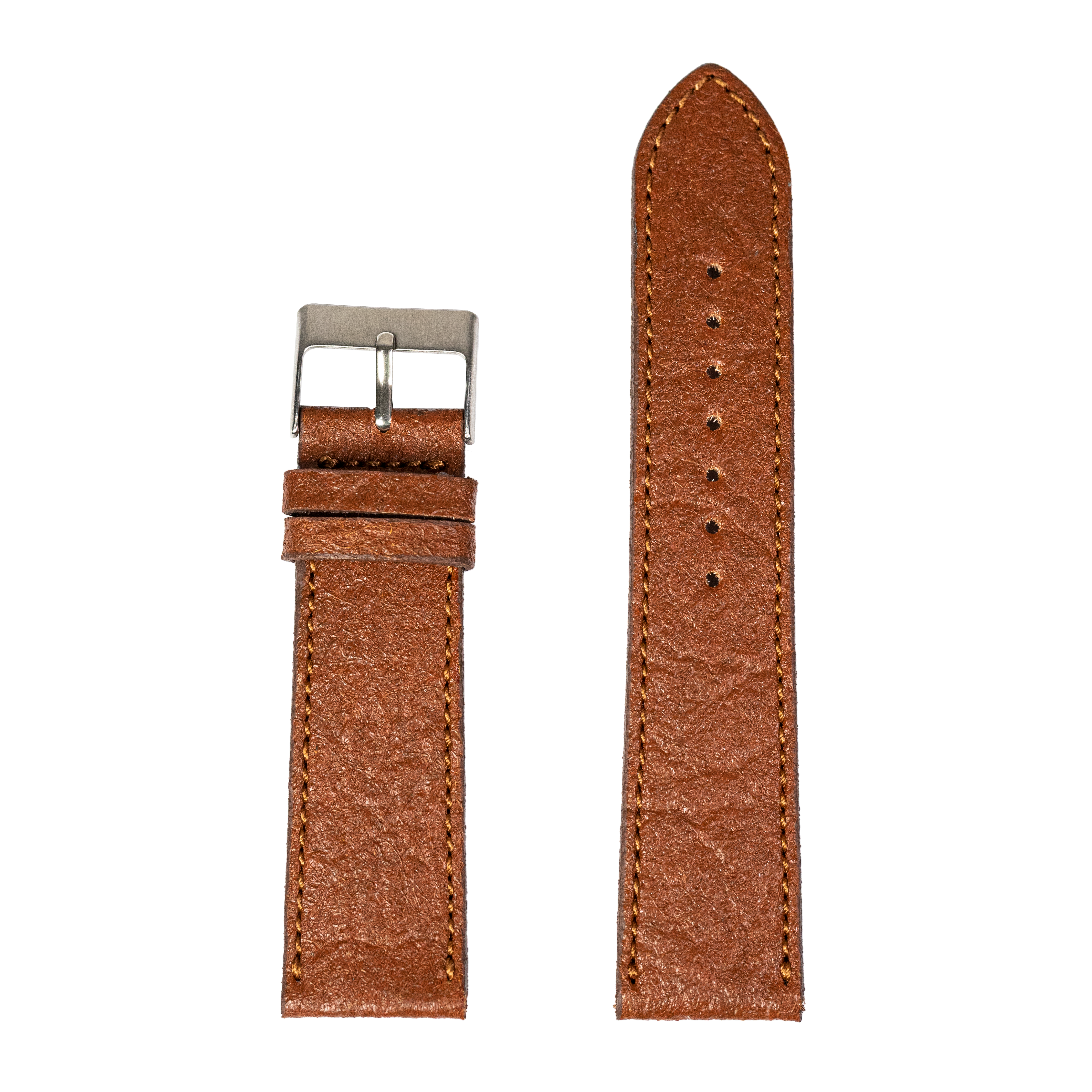 Brown vegan leather watch strap with stainless steel buckle and contrast stitching