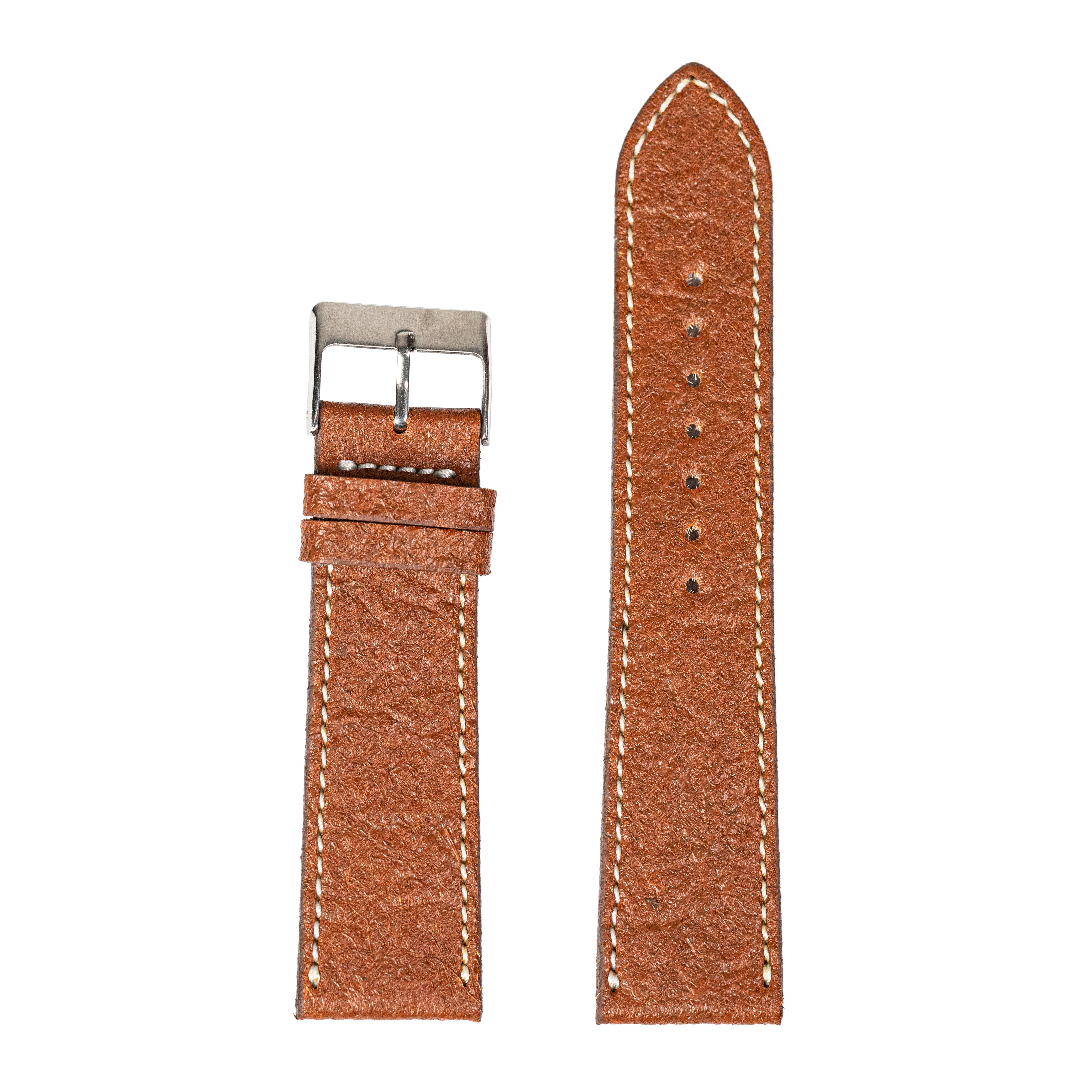 Brown vegan leather watch strap with white contrast stitching and stainless steel buckle