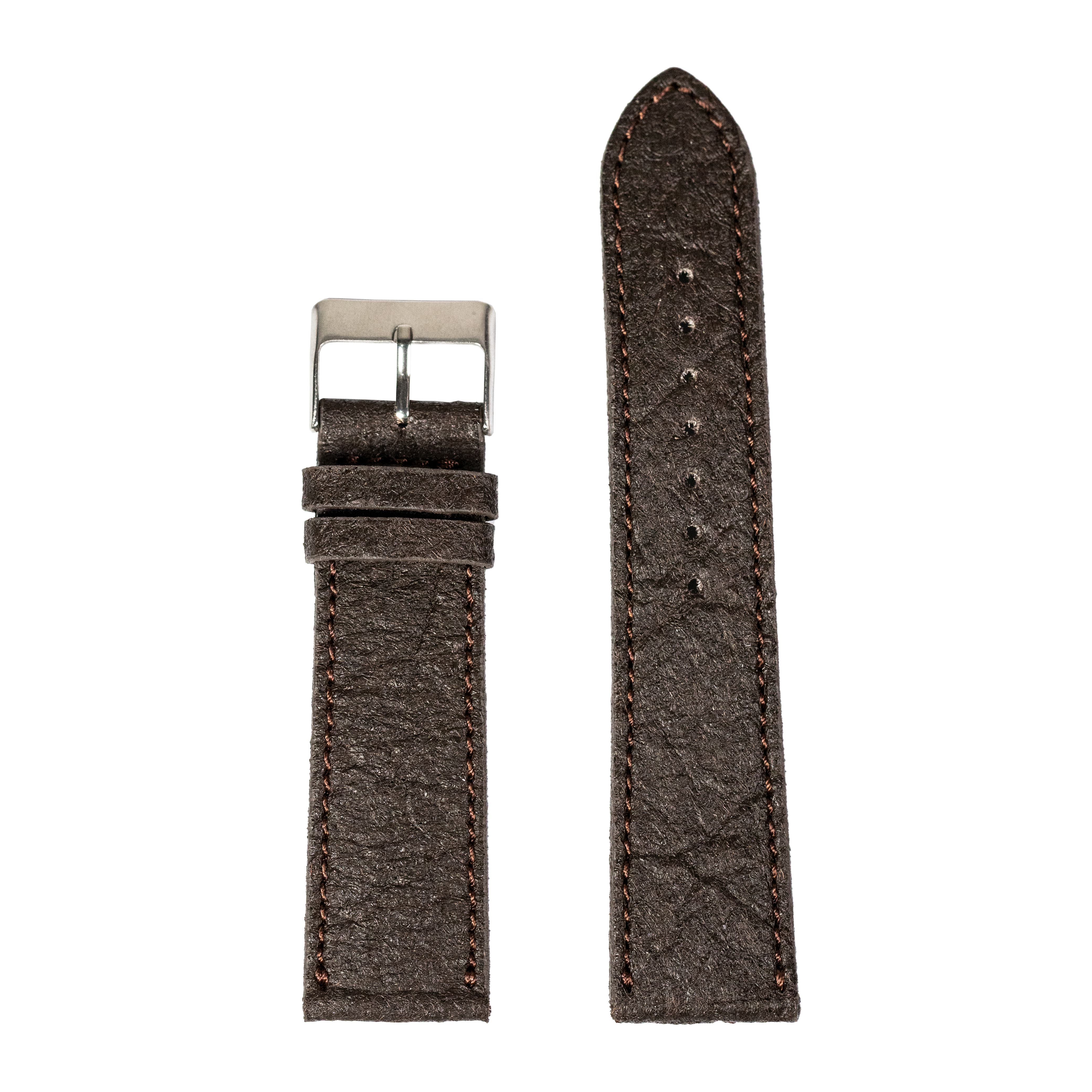 Dark brown vegan leather watch strap with contrast stitching and brushed metal buckle
