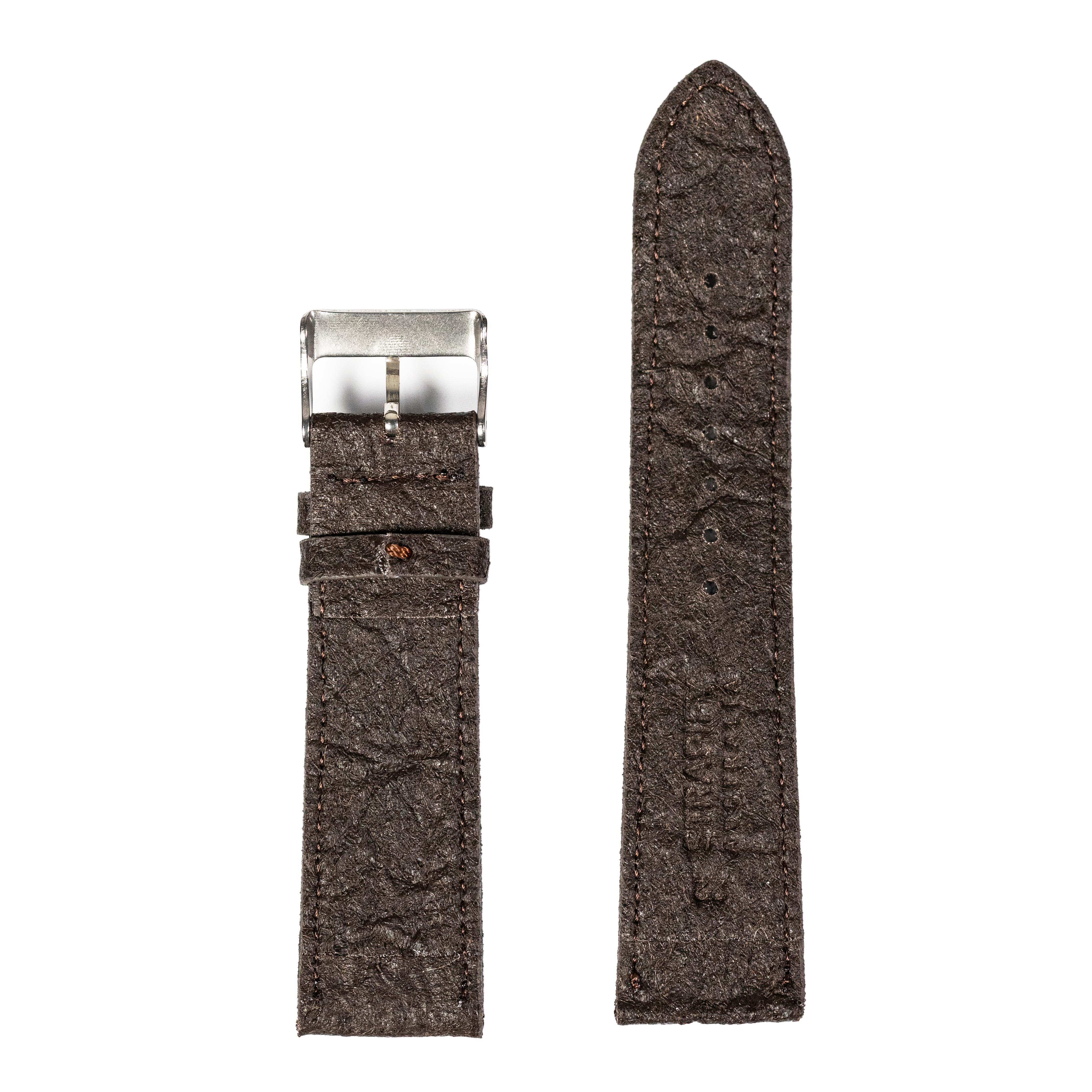 Dark brown pineapple vegan leather watch strap with silver buckle and pointed end design