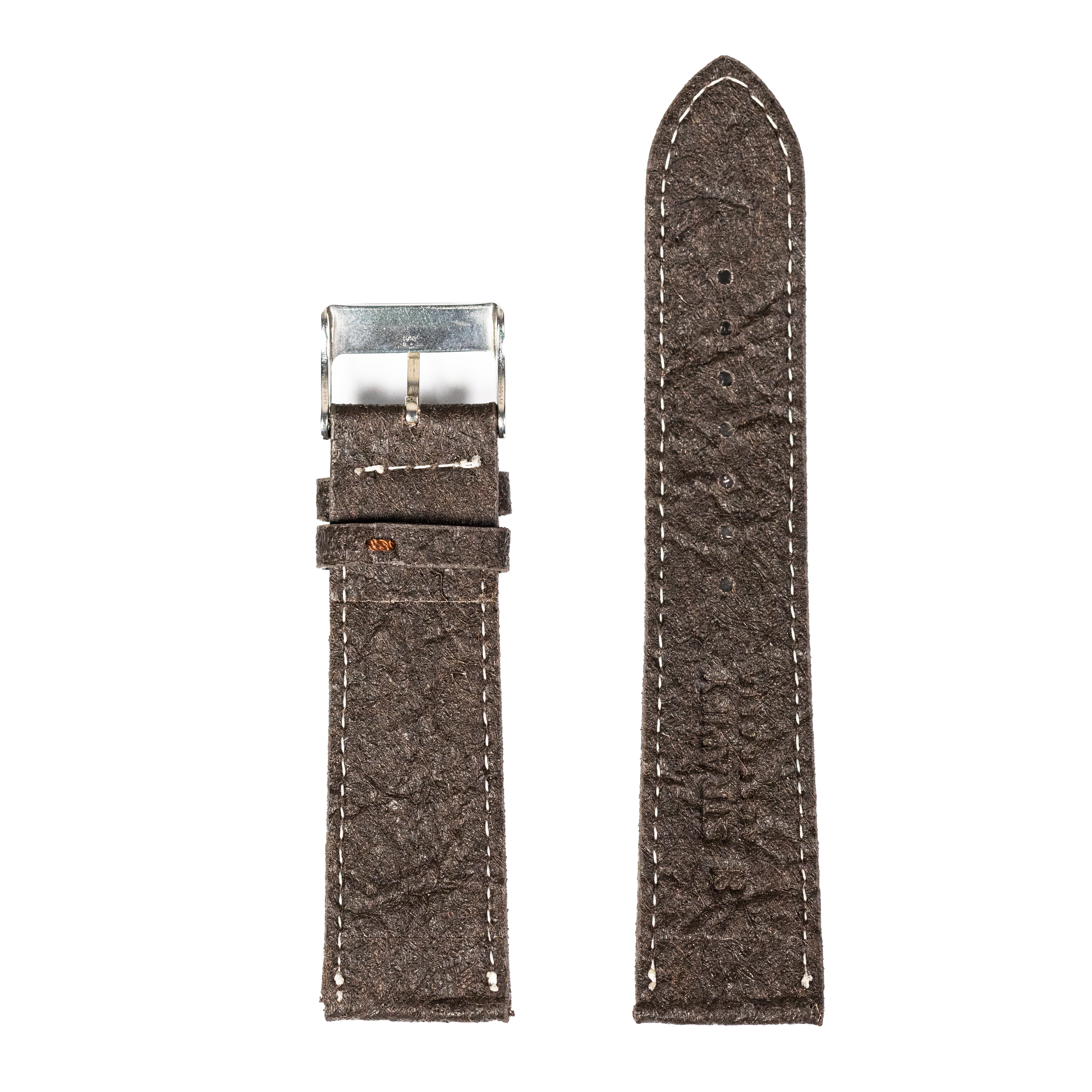 Dark brown vegan leather watch strap with white stitching and polished silver buckle