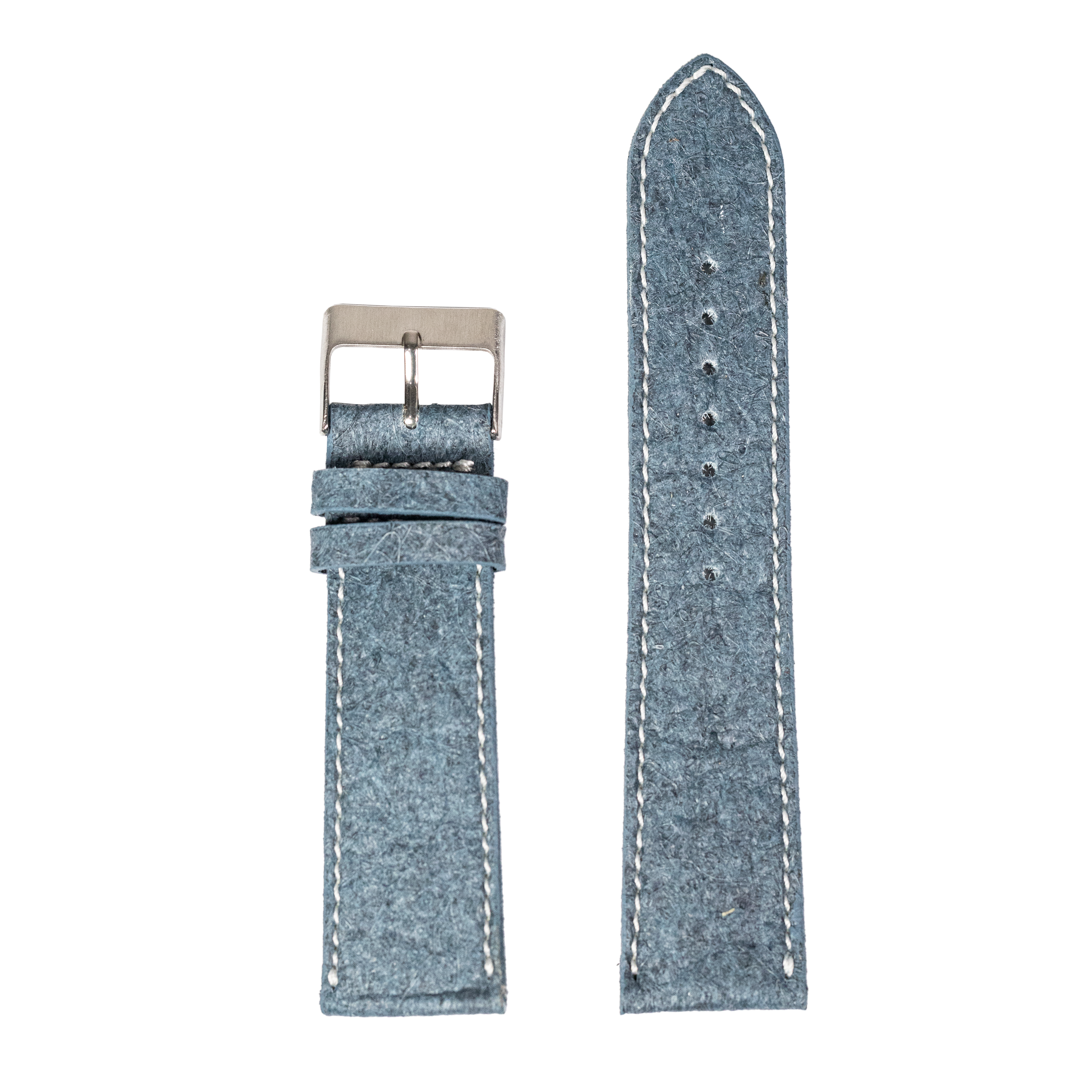 Denim blue vegan leather watch strap with white stitching and stainless steel buckle