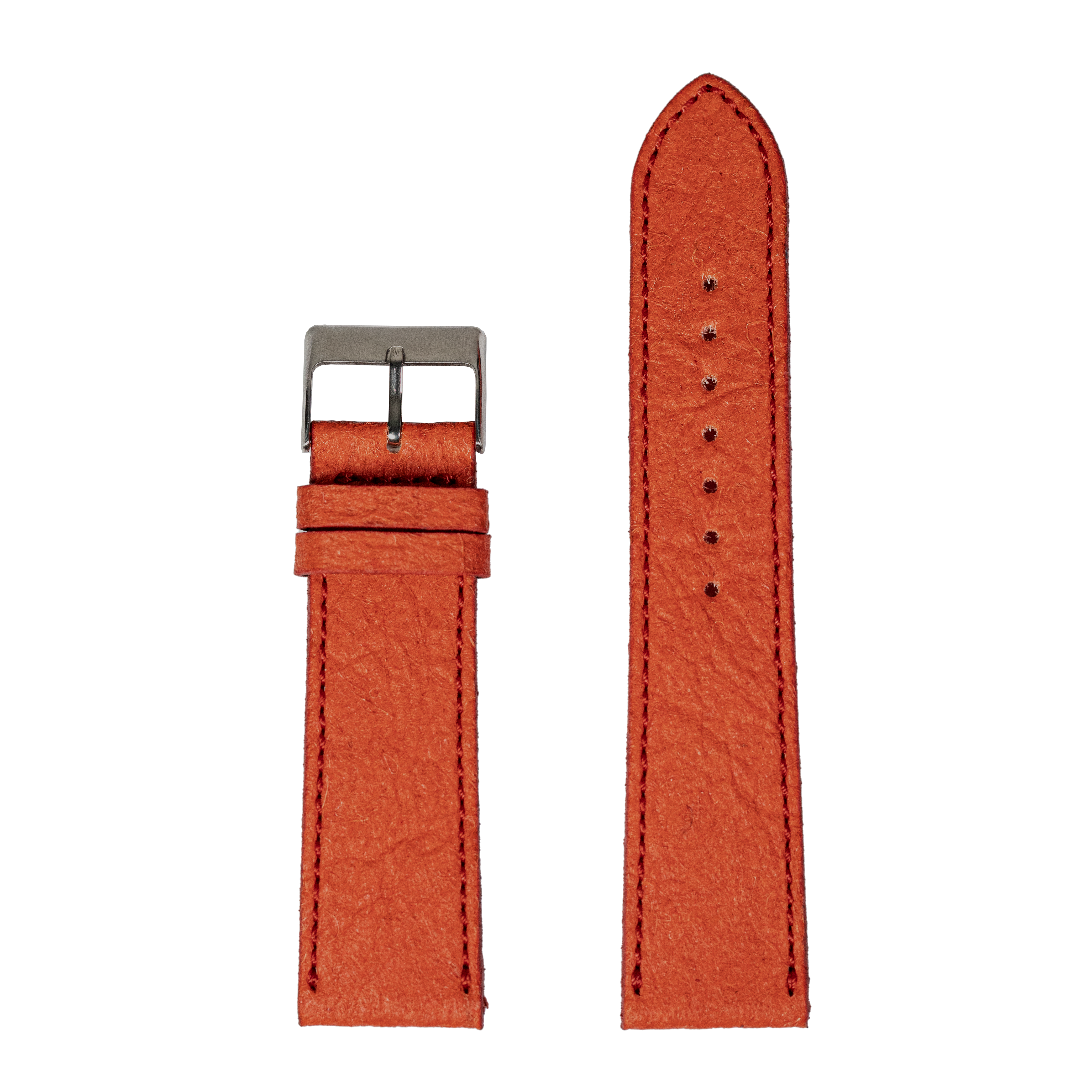 Red pineapple vegan leather watch strap with gunmetal buckle, front and back view