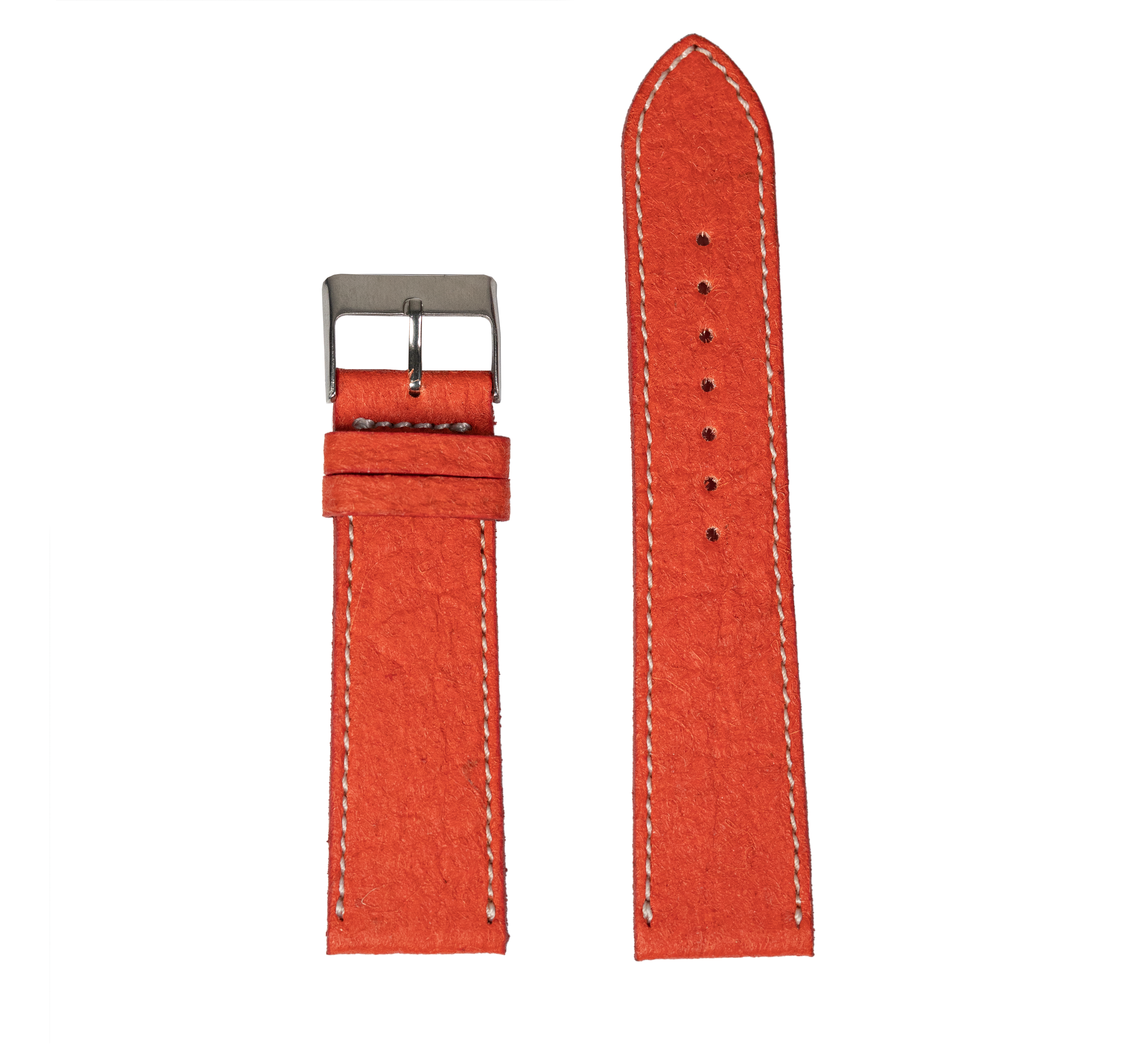 Red vegan leather watch band with white stitching and gunmetal buckle