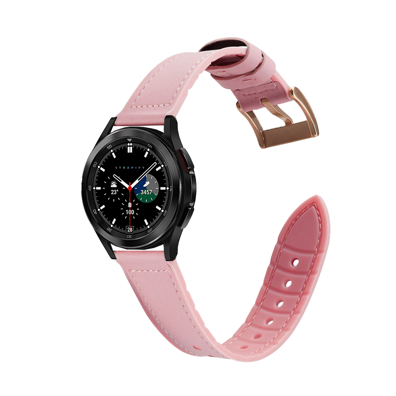 Black smartwatch with pink leather hybrid strap and rose gold buckle, quick release bands included