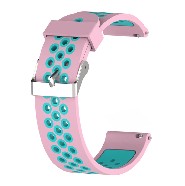 Pink and turquoise perforated silicone sports watch band with quick release buckle and connector lugs
