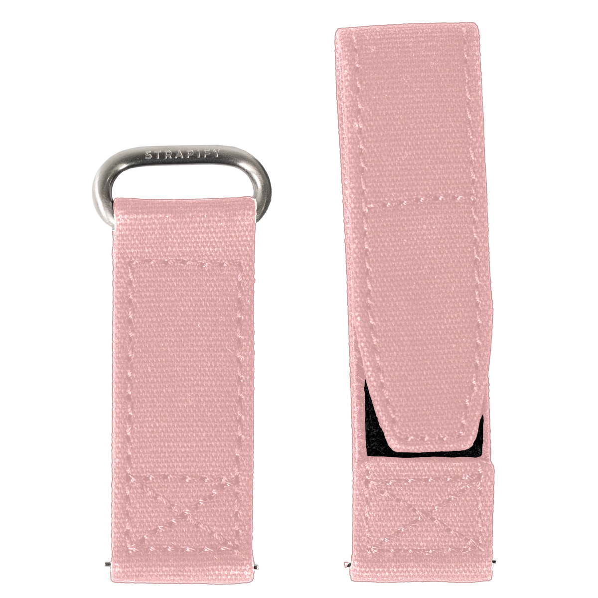 Pink military-style velcro watch band with metal loop connector and adjustable closure strap
