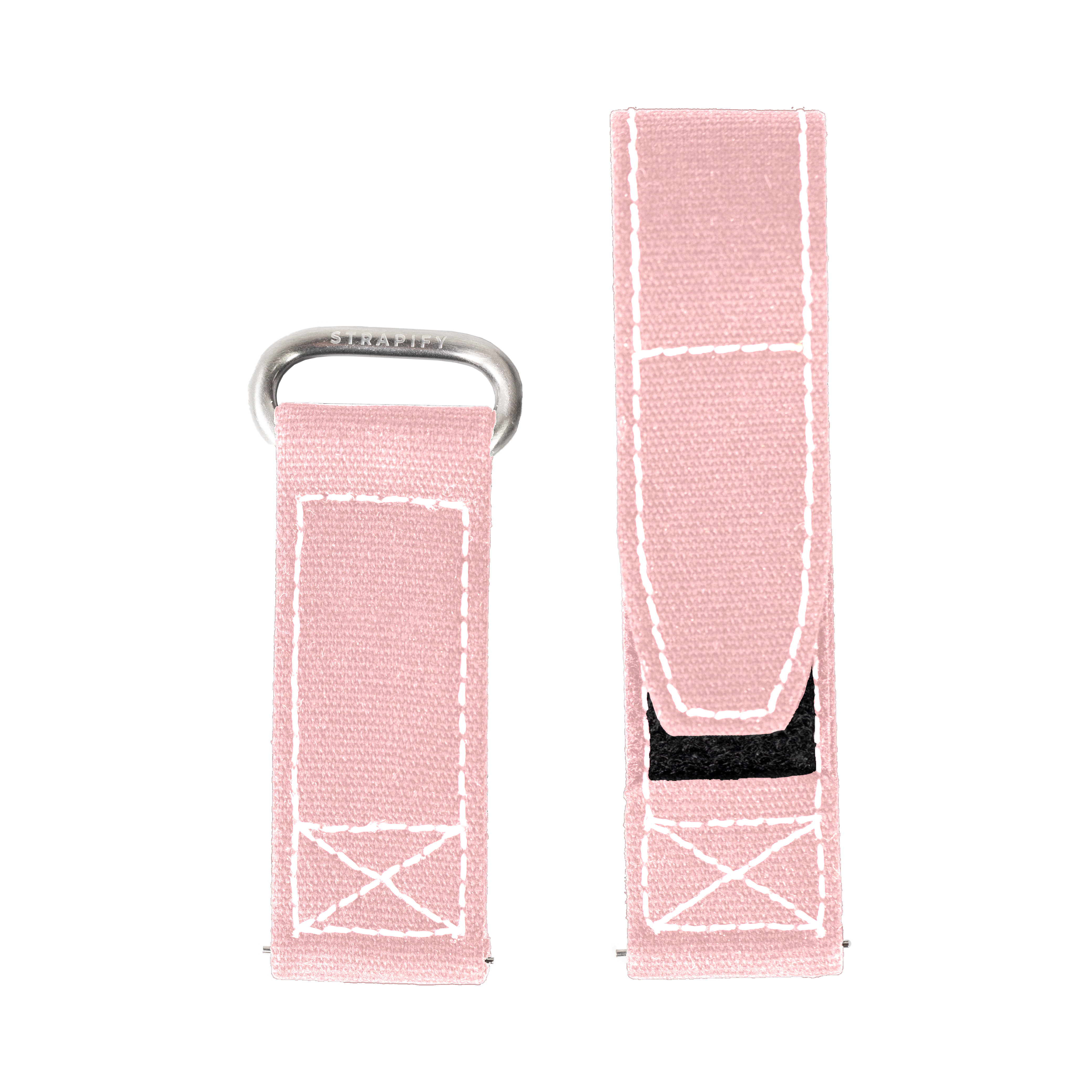 Pink canvas military watch strap with white stitching, QuickFit 22mm, silver loop hardware, shown folded and extended