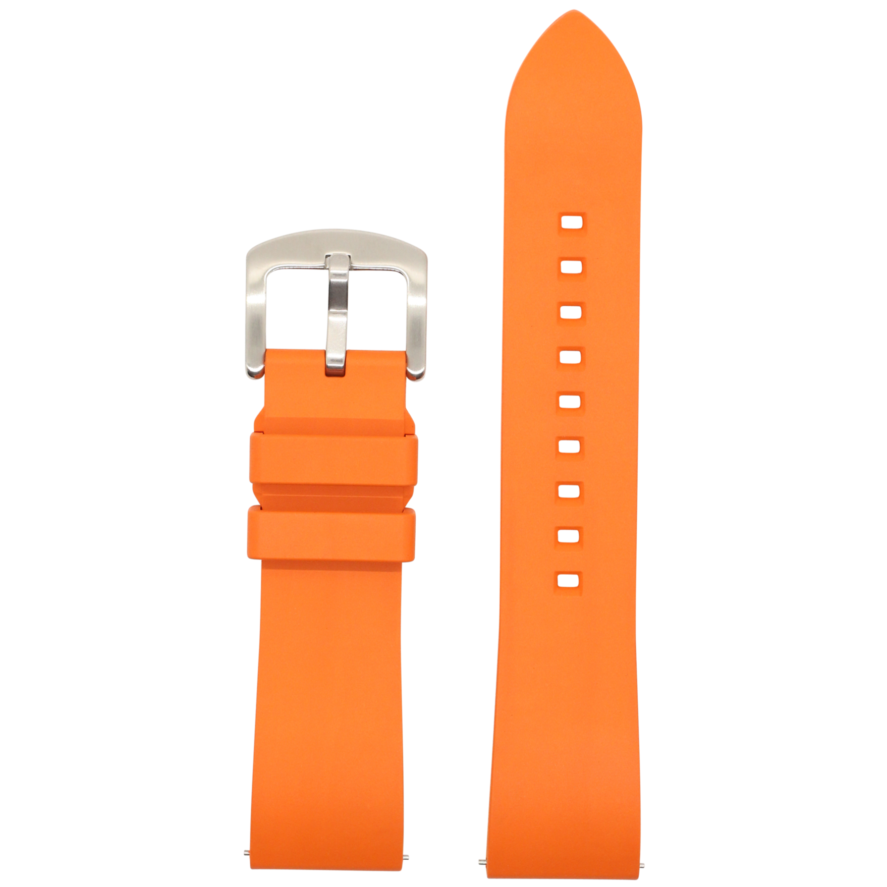 Orange FKM rubber quick release watch strap with silver buckle and ventilation holes