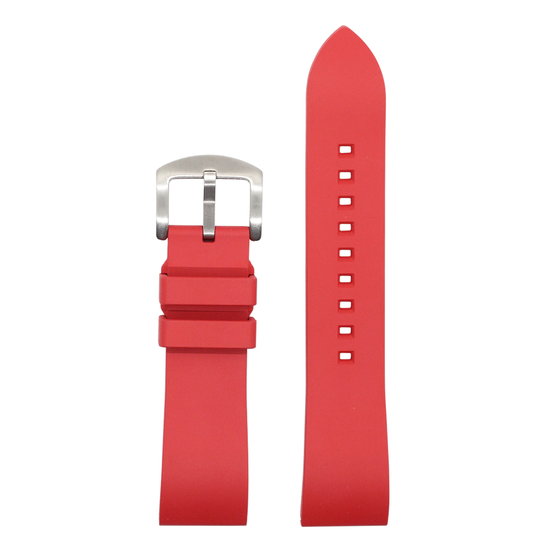 Red quick release FKM rubber watch strap with silver buckle and white stitching holes