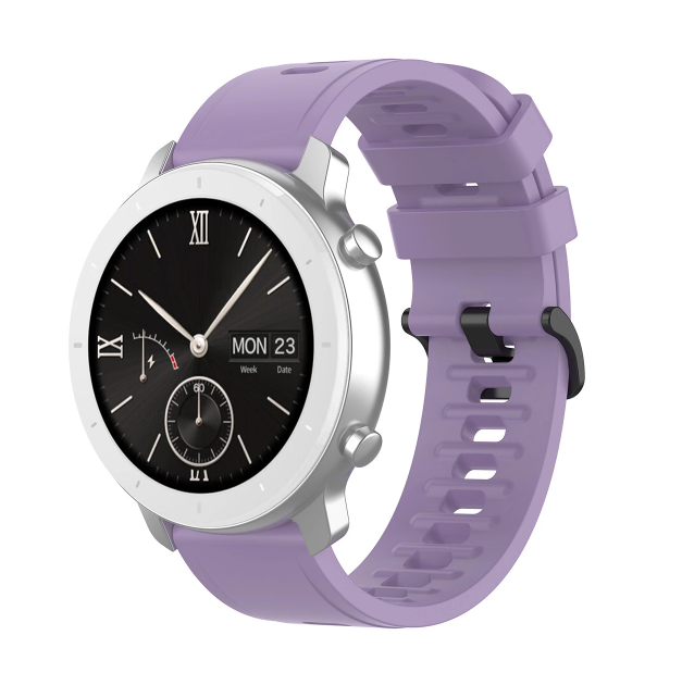 Silver smartwatch with black dial and purple silicone quick release band with black hardware