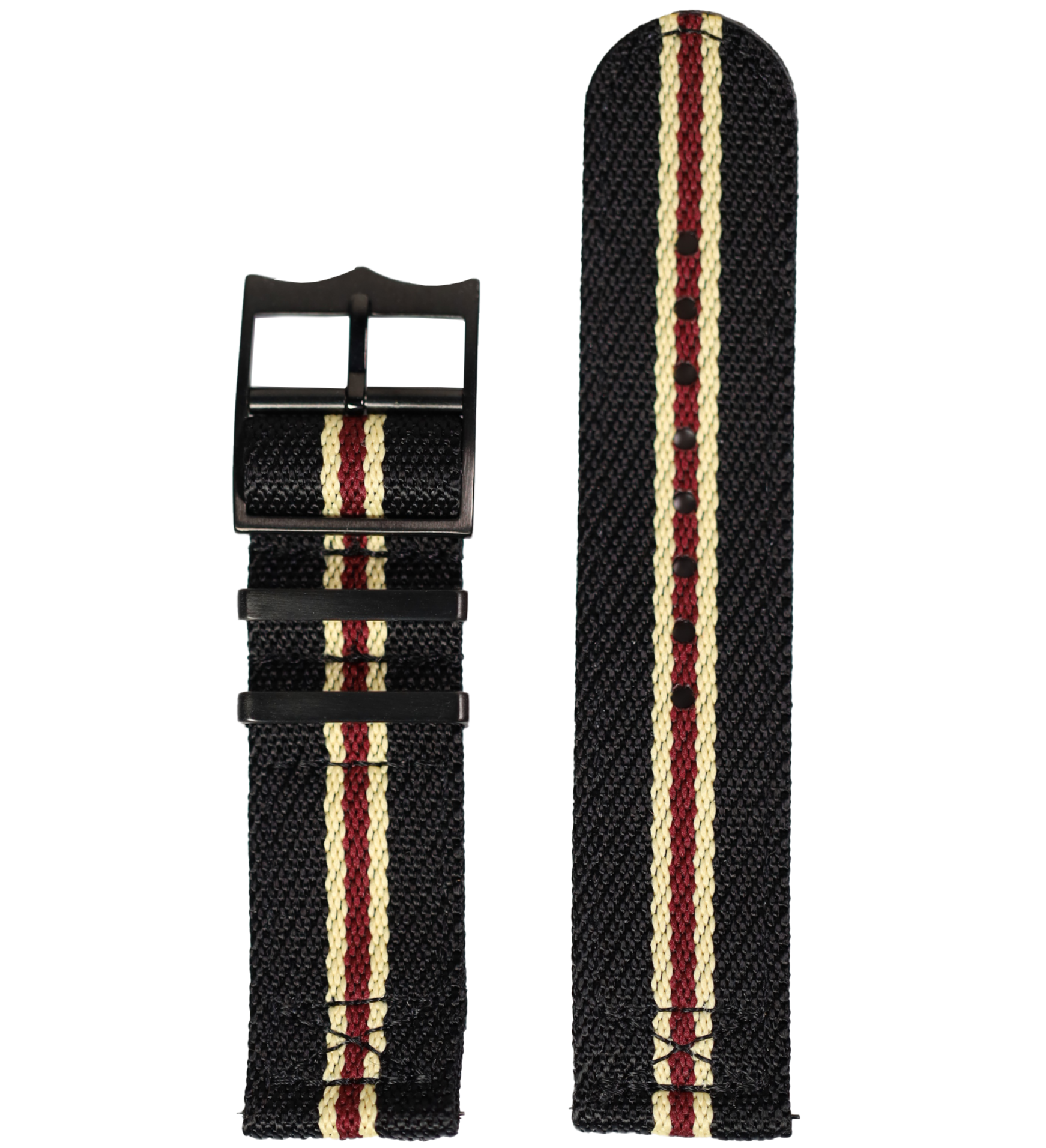 Black fabric watch strap with beige and maroon center stripes and black hardware, 26mm QuickFit cross militex band