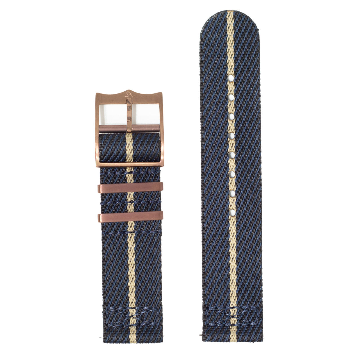 Blue and wheat striped fabric watch strap with bronze buckle and leather keepers