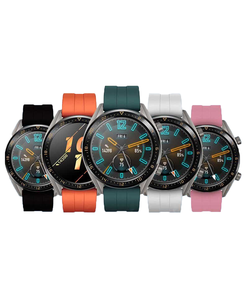 Five smartwatches with interchangeable flexible silicone bands in black, orange, green, white, and pink colors displayed in a row