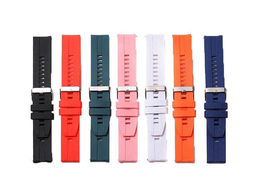 Colorful silicone watch bands for Galaxy Watch in black, red, teal, pink, white, orange, and navy with metal clasps