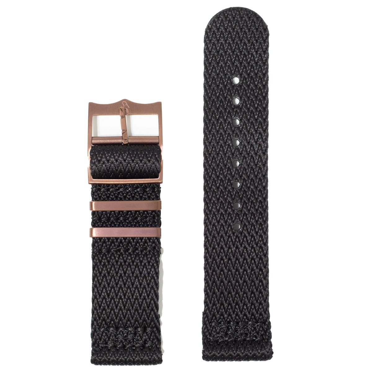 Black Militex canvas watch strap 26mm with rose gold buckle and adjustment holes, shown folded and flat