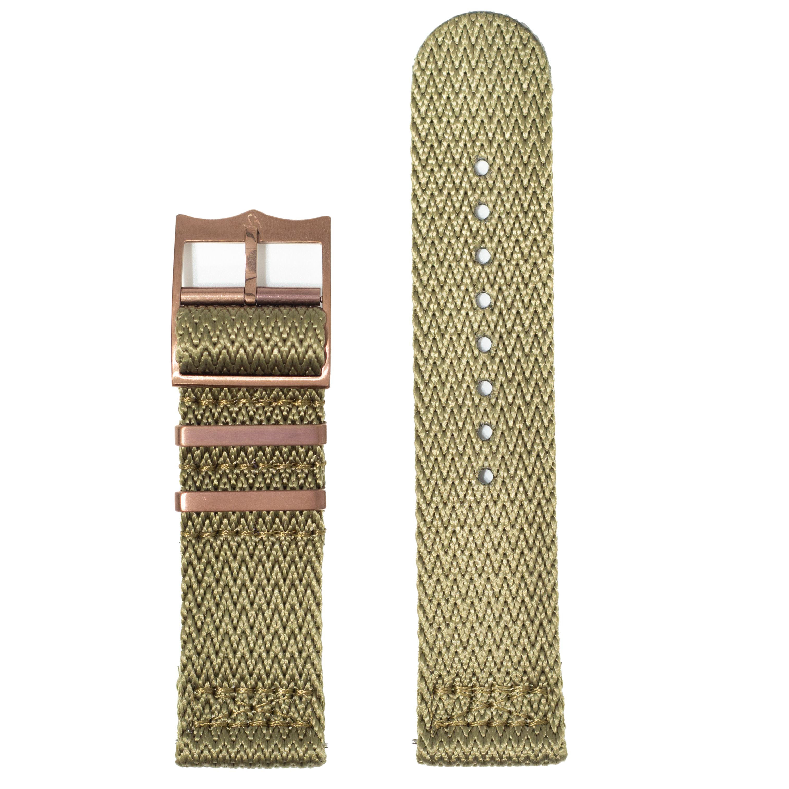 Khaki canvas watch strap with bronze buckle, QuickFit 26mm militex band with shark tooth texture pattern and quick-release pins