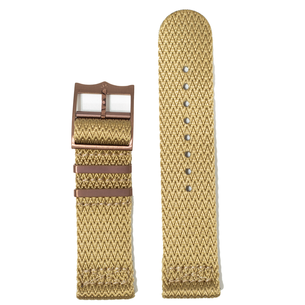 Tan woven fabric watch band 22mm with bronze buckle and hardware, shown attached and unattached