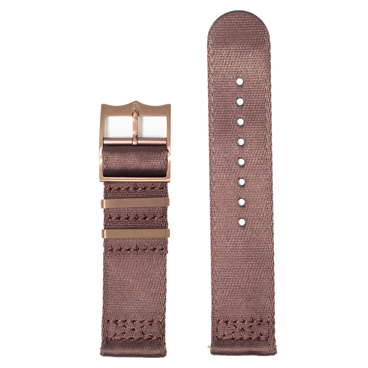 QuickFit Ultra Militex coffee brown watch strap with rose gold buckle and adjustment holes