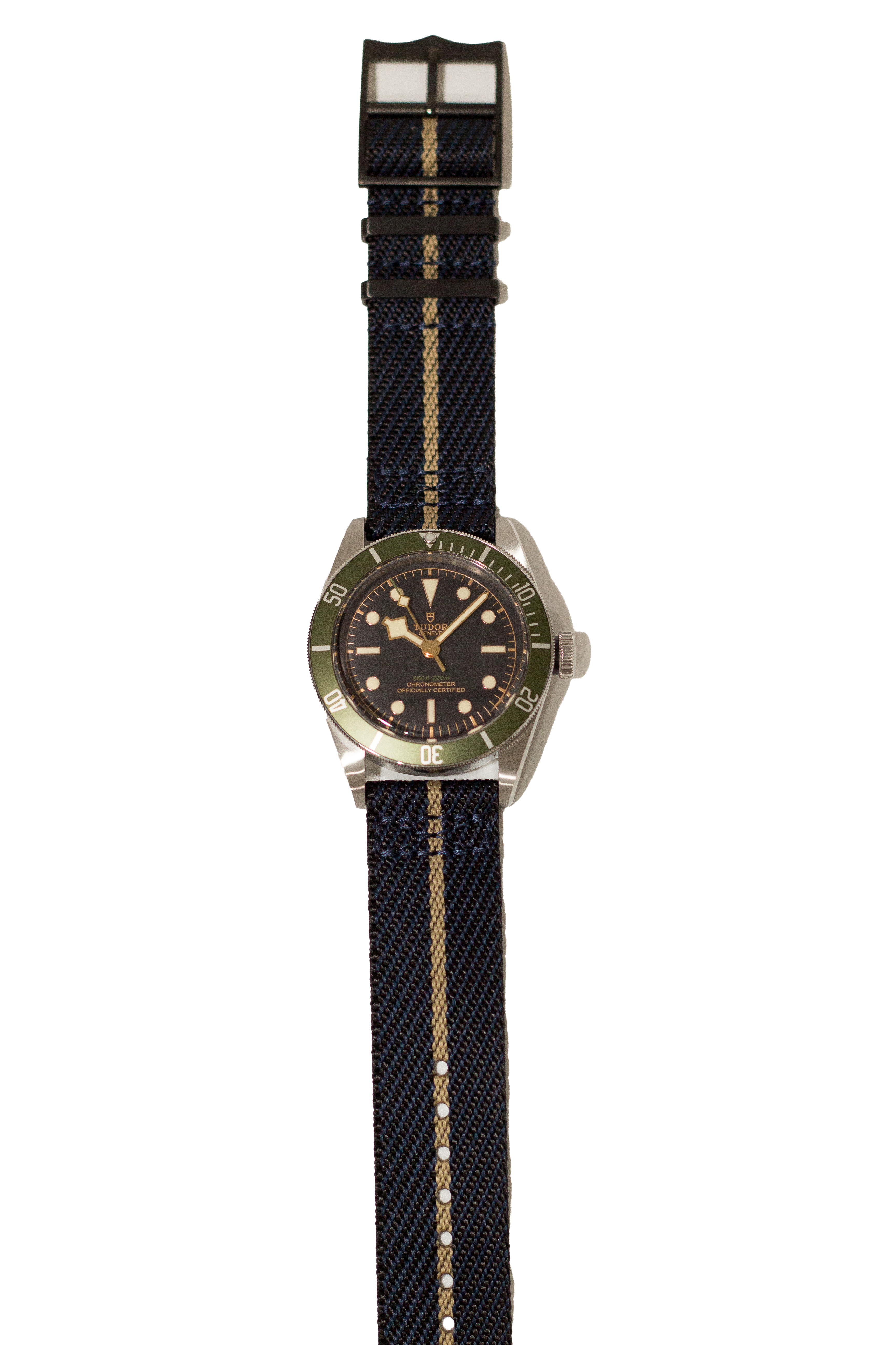 Stealth Night Blue and Wheat fabric watch strap with black hardware and quick release buckle