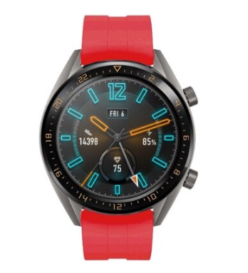 Smartwatch with red silicone band, black dial face with cyan numbers and orange hands, displaying fitness metrics and date