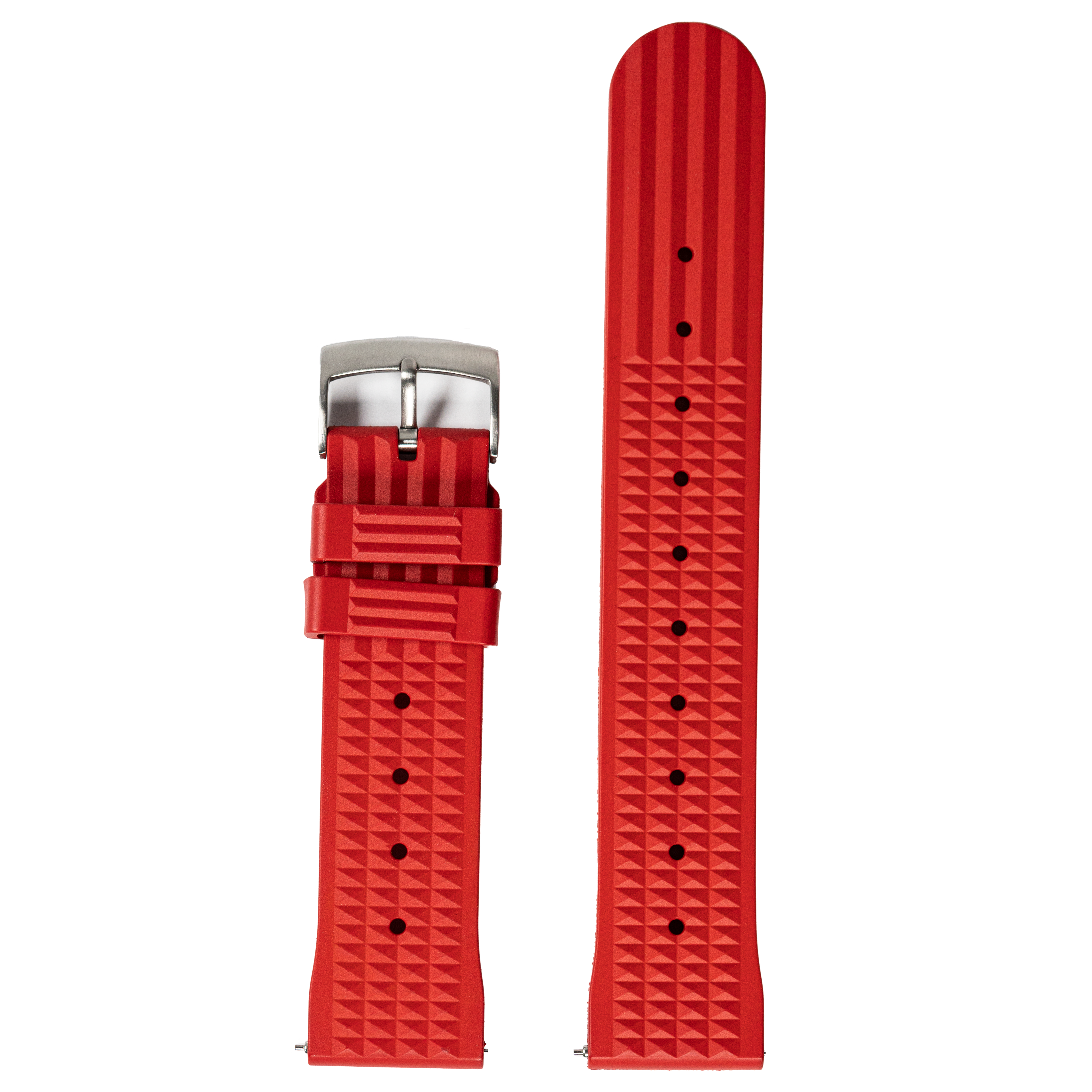 Red silicone quick release watch band with waffle texture pattern and adjustable metal buckle