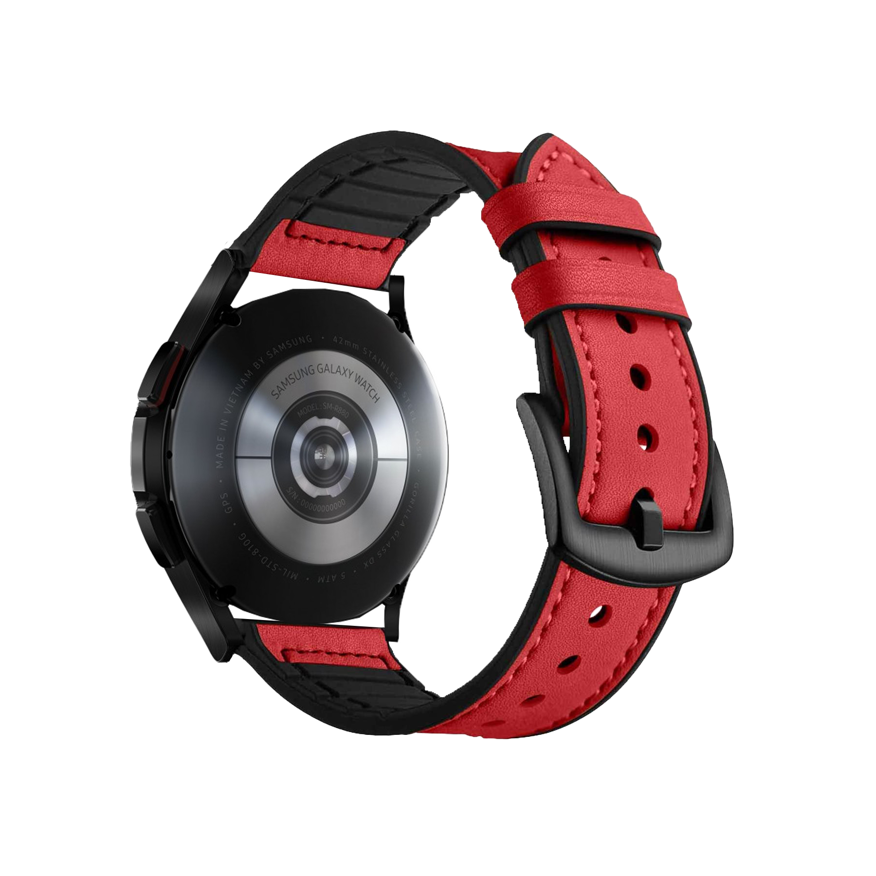 Red leather hybrid watch band with quick release for Samsung Galaxy Watch, black case and buckle