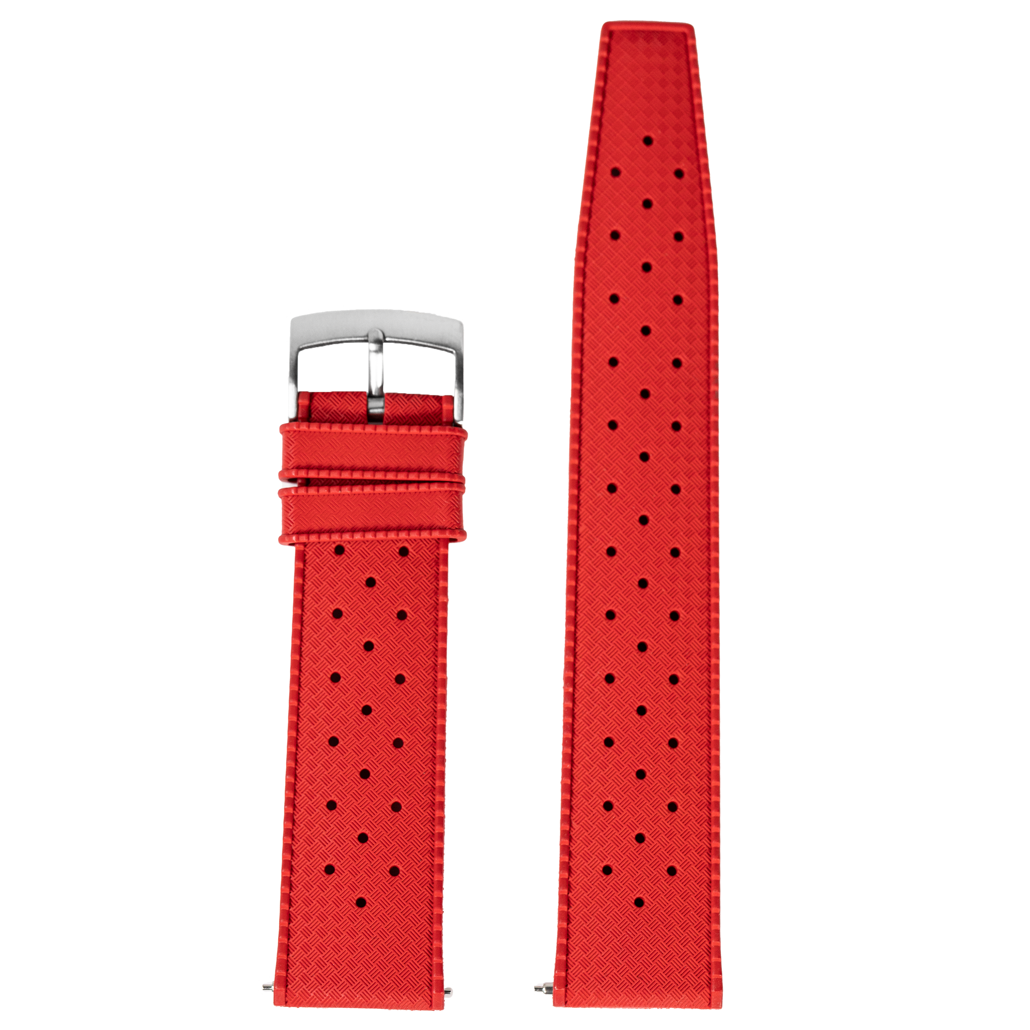 Red perforated FKM rubber quickfit watch band 20mm with stainless steel buckle and deployment clasp