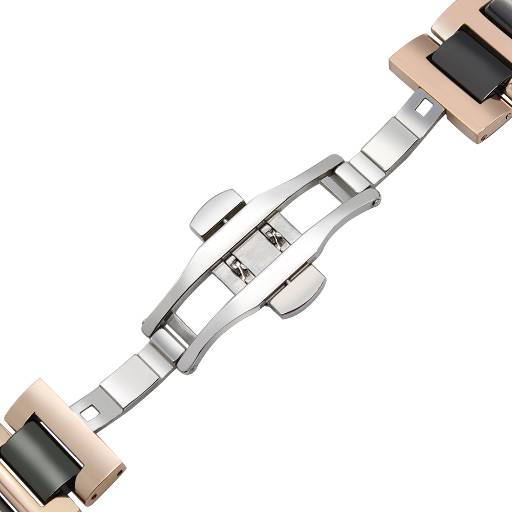 Stainless steel quick release bracelet with rose gold and black ceramic links, adjustable watch band connector
