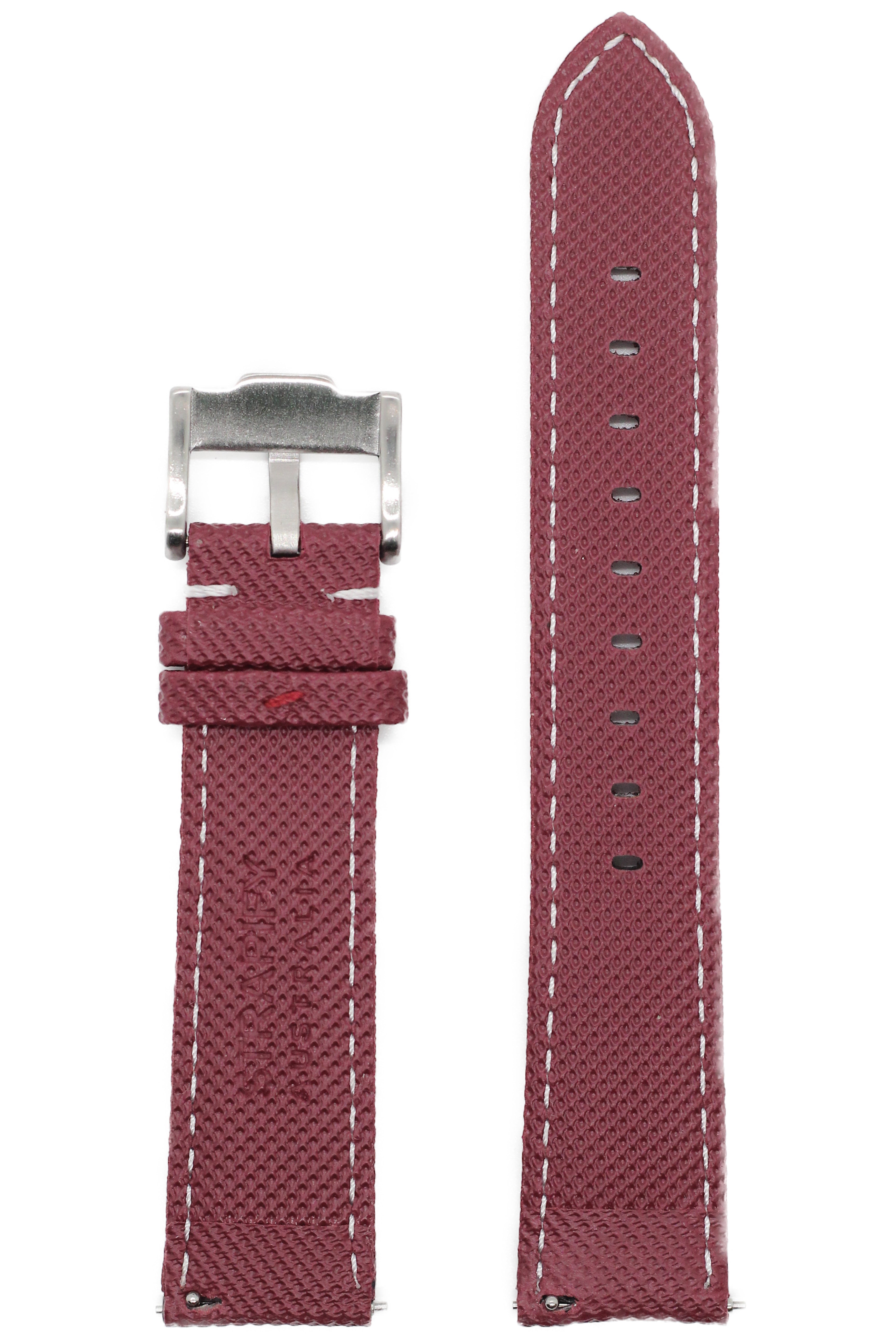 Burgundy red sailcloth quick release watch strap with white stitching and silver buckle clasp