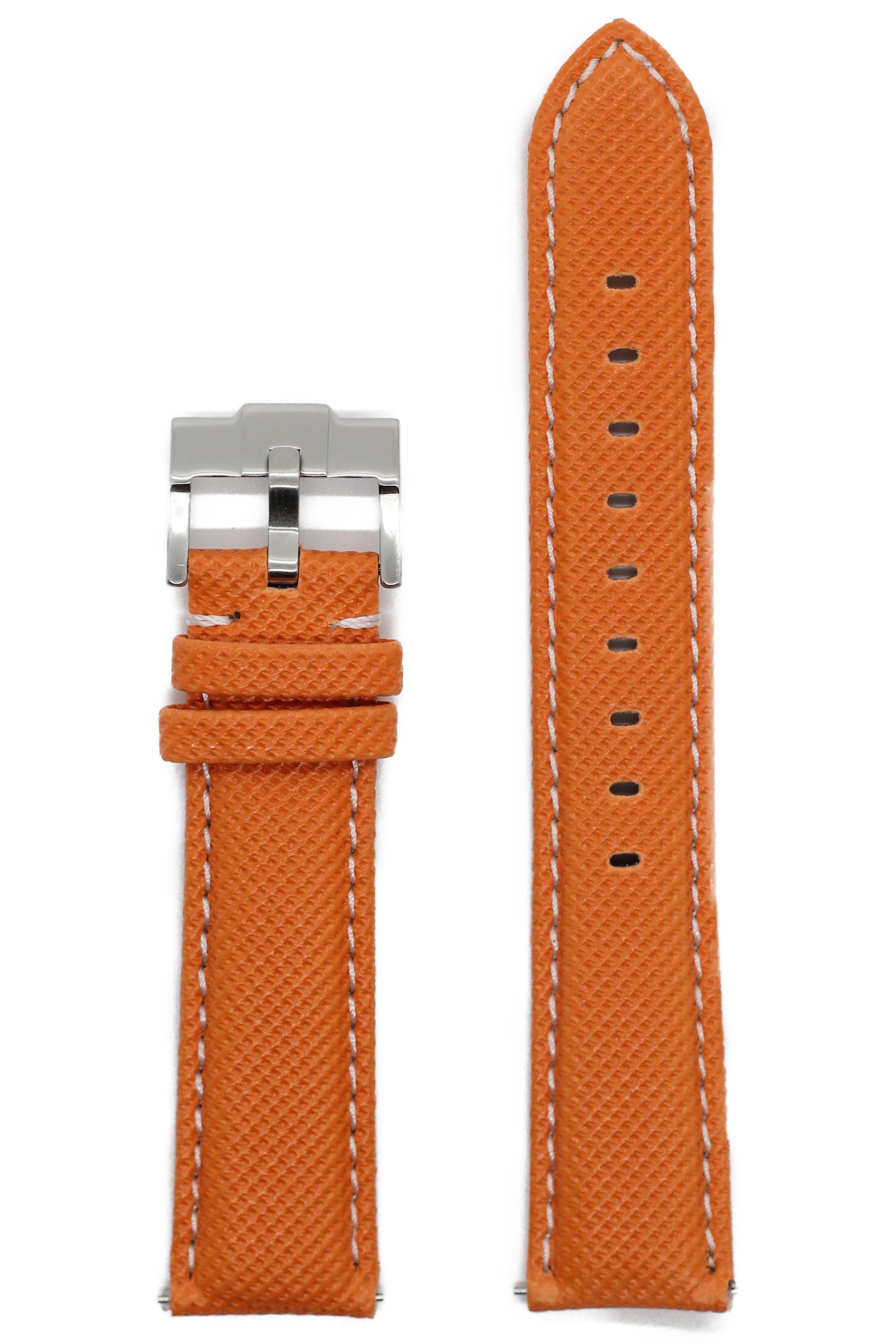 Orange sailcloth quick release watch strap with white stitching and silver buckle clasp