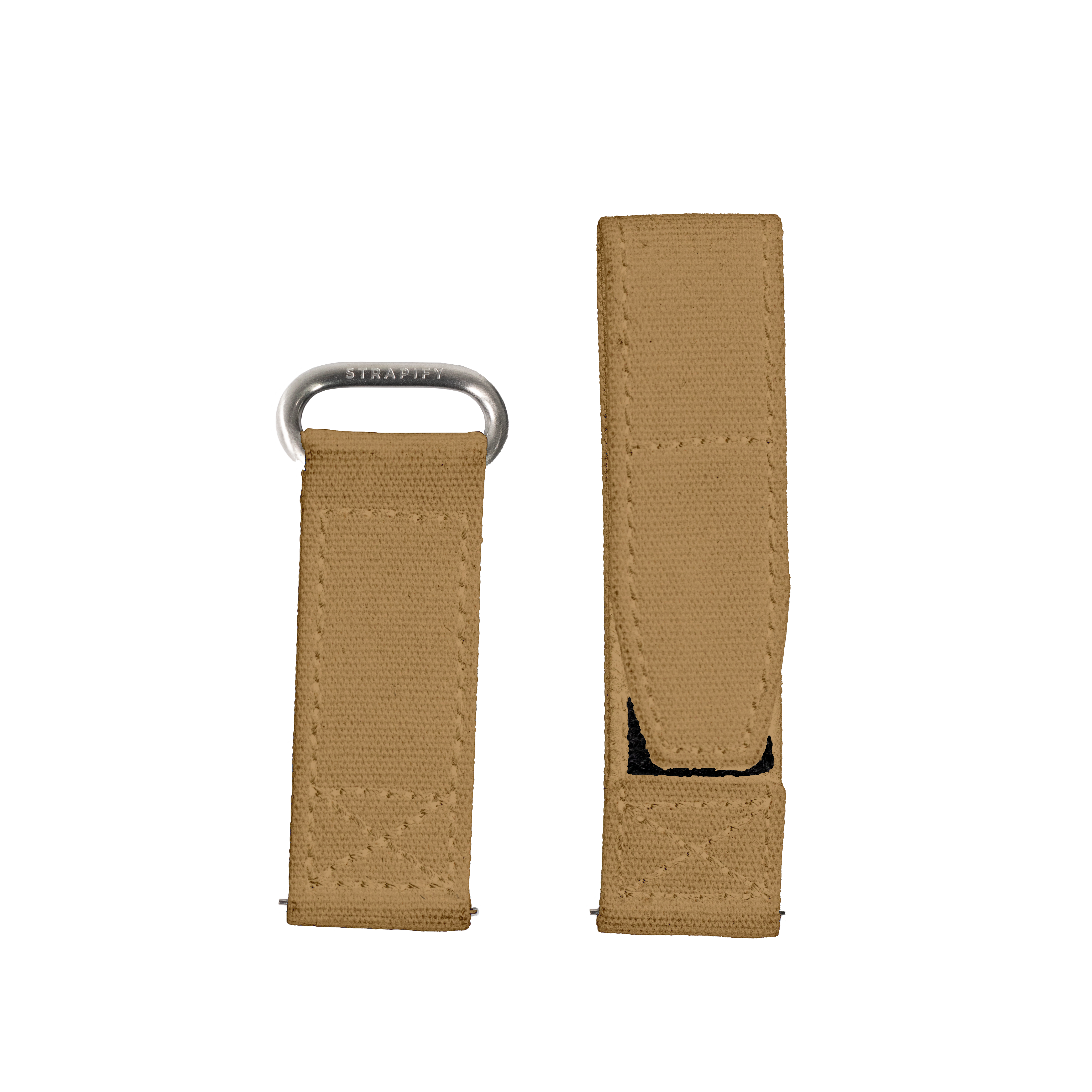 Tan canvas military-style watch straps with quick-fit velcro fastening and metal loop hardware, 22mm width