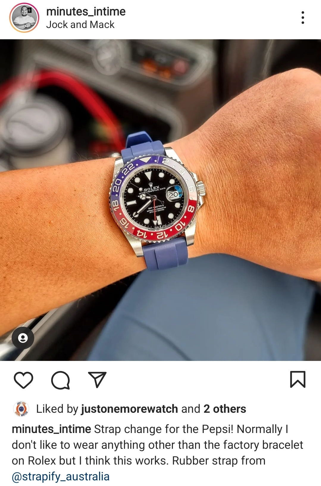 Rolex GMT-Master II watch with stainless steel case and midnight blue FKM rubber strap on wrist