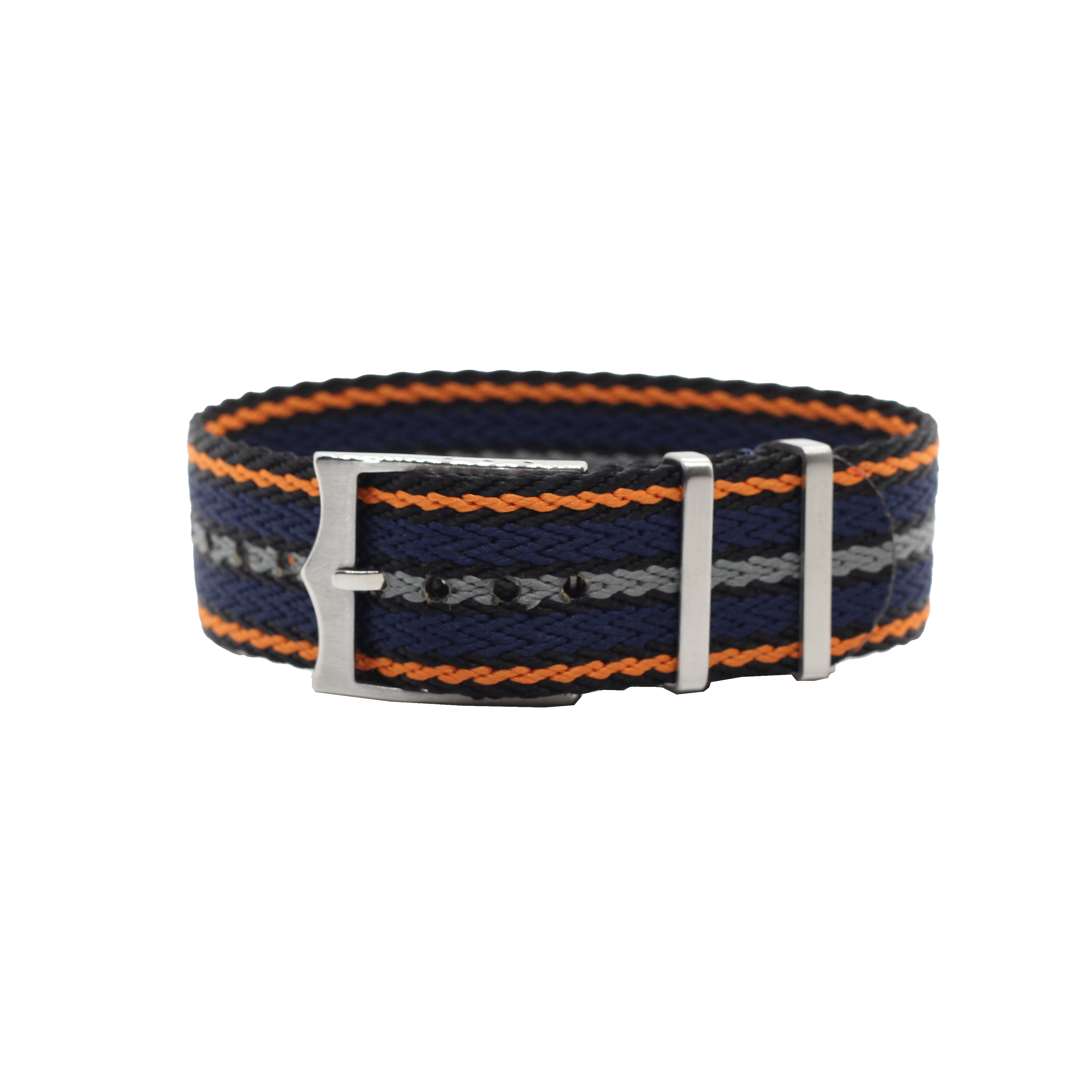 Adjustable SharkTooth Militex belt with navy blue, orange, and grey striped fabric and silver buckle