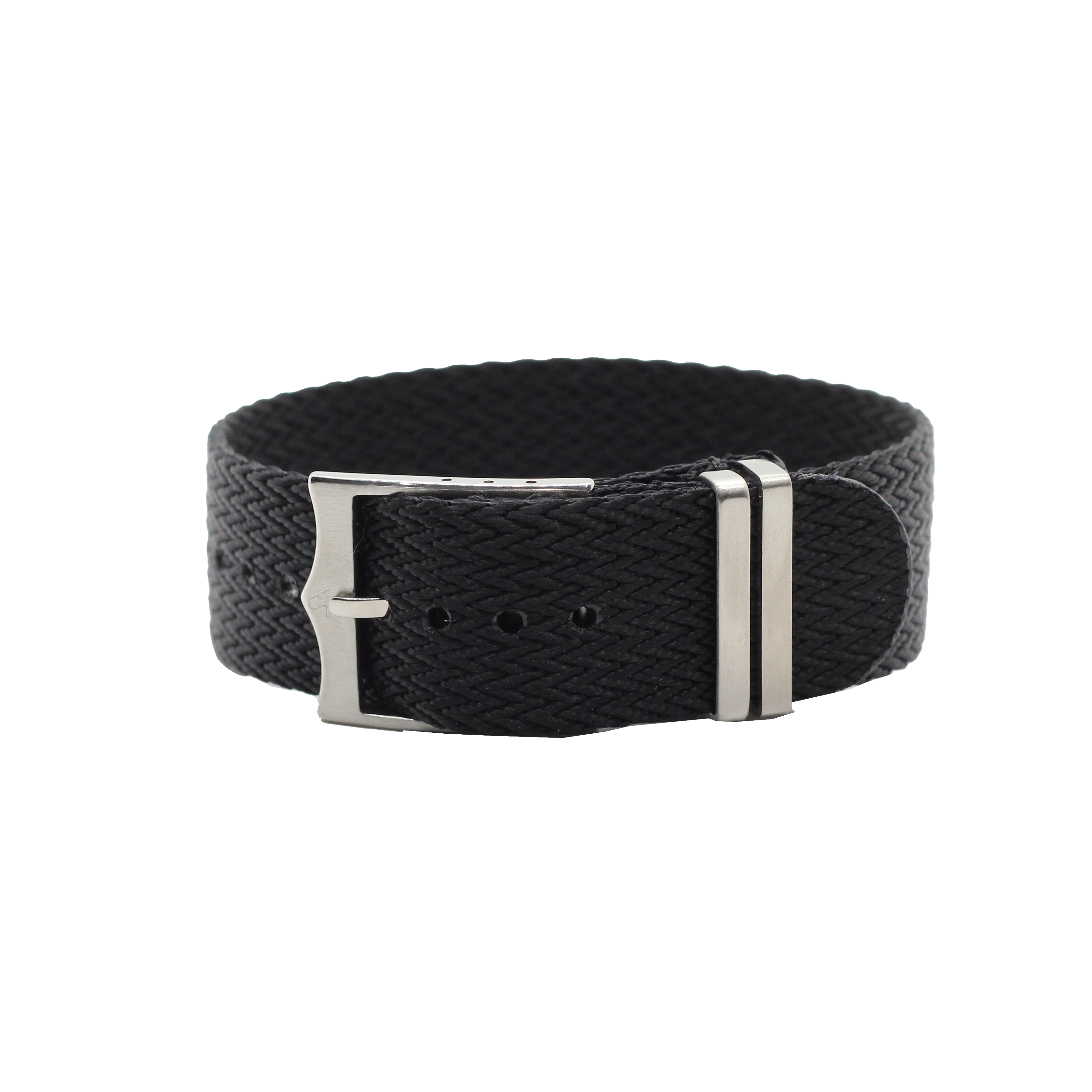Black canvas fabric military watch band with silver metal buckle and keeper ring, adjustable strap