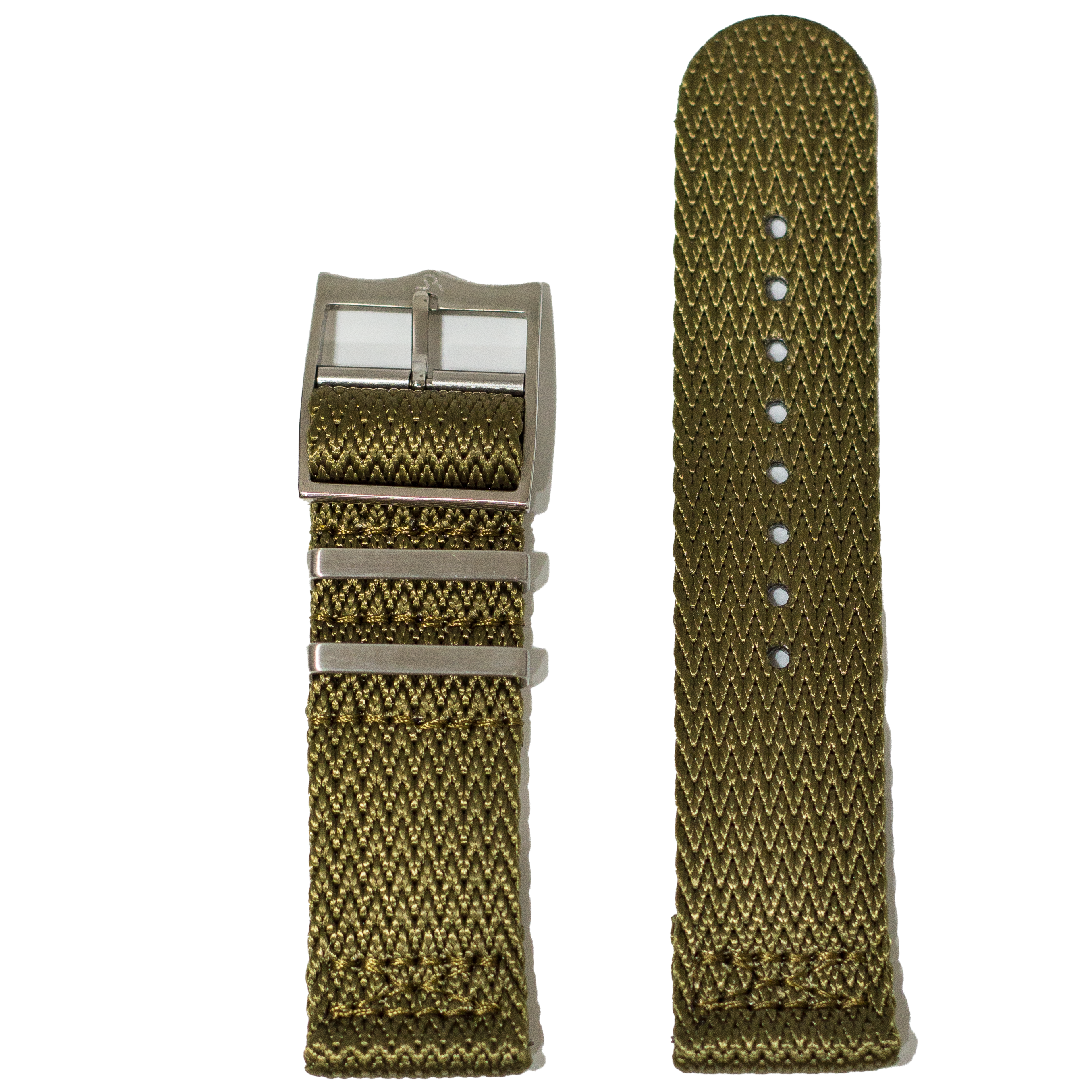 Olive green fabric watch strap with sharktooth weave pattern, QuickFit 26mm, shown with brushed steel buckle and adjustment holes