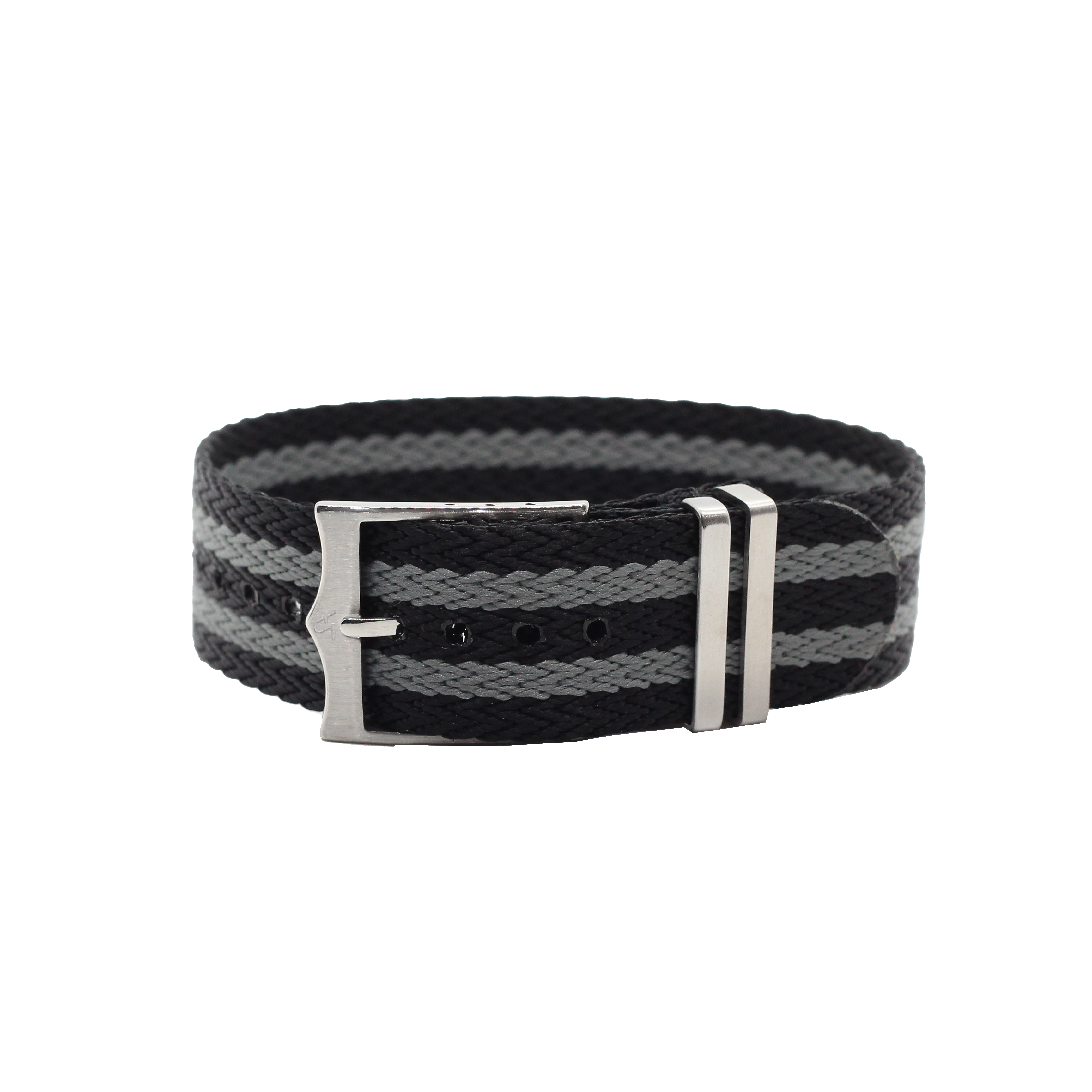 Black and grey striped fabric watch strap with metal buckle and keeper ring, adjustable military-style band