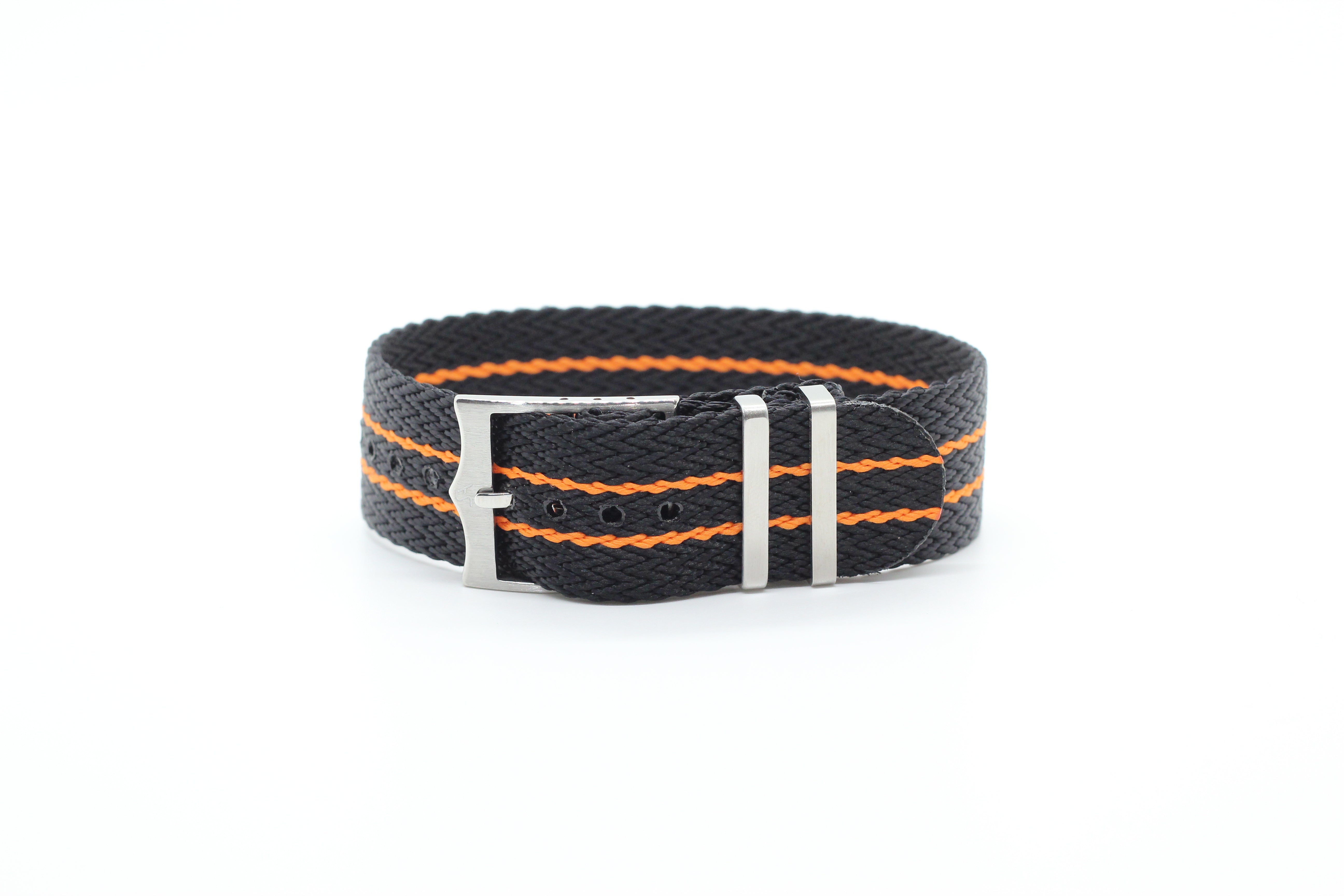 Black and orange striped fabric watch strap with silver hardware buckle, adjustable militex band style