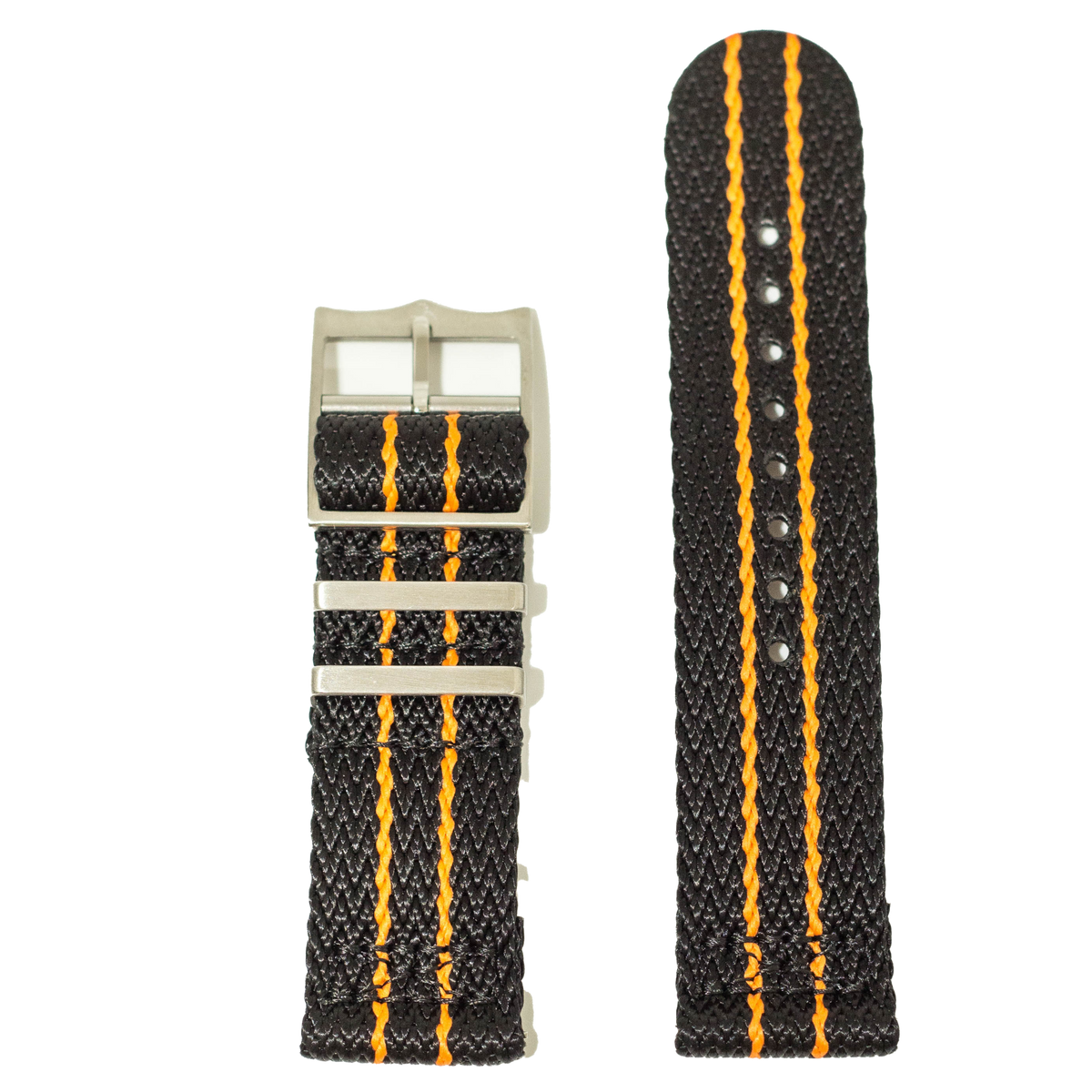 Black nylon fabric military watch strap with orange stripes, quick-fit system, and stainless steel buckle, 26mm