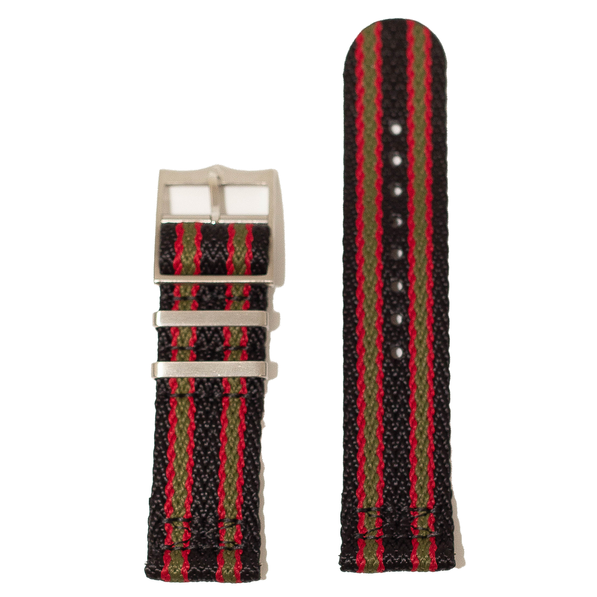 Vintage military-style woven watch strap with red and green vertical stripes on black, featuring quick release system and brushed buckle