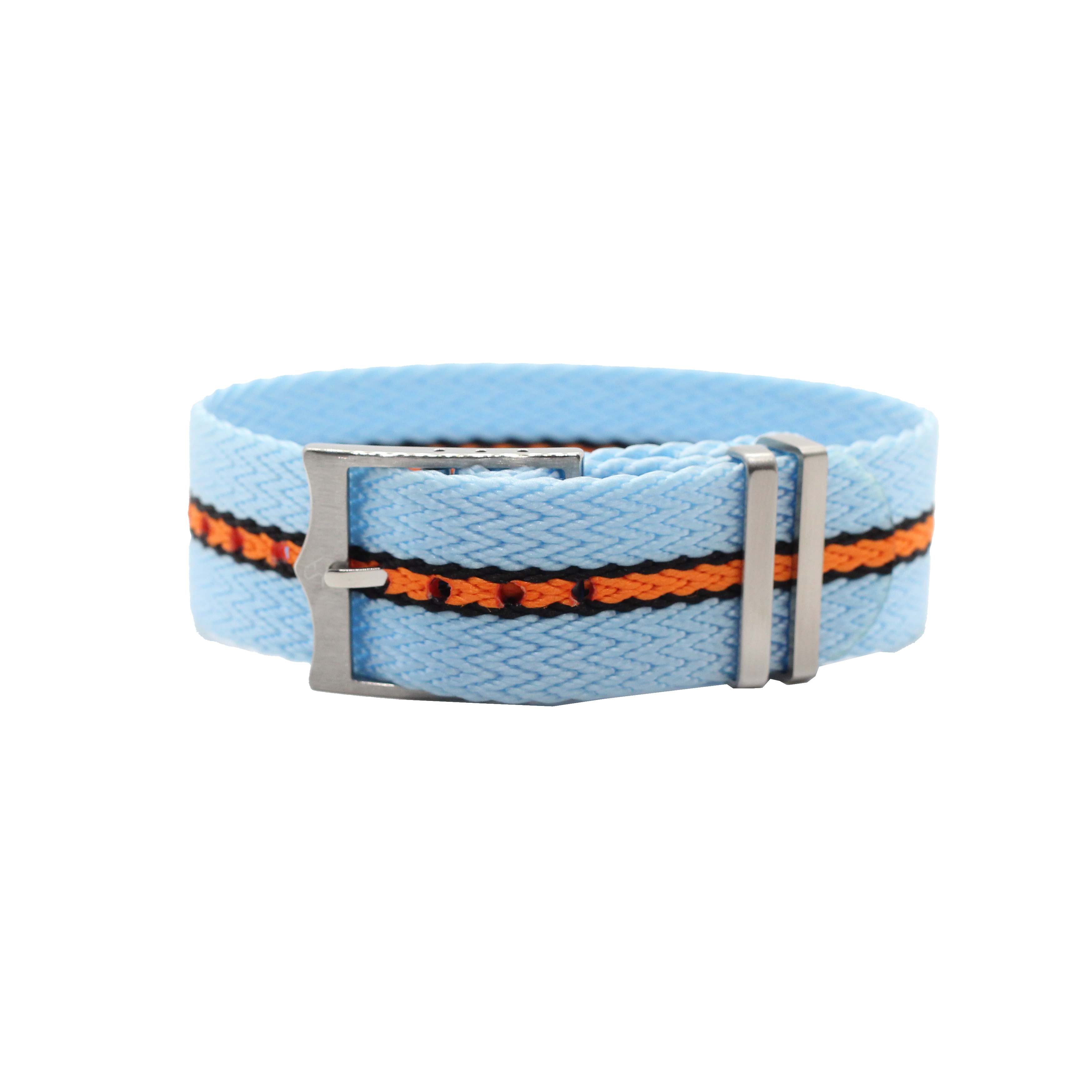 Light blue canvas belt with orange and black stripe detail and metal buckle closure