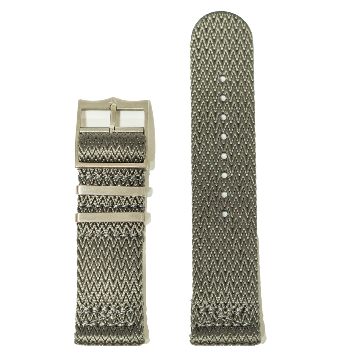Grey Militex Sharktooth 26mm QuickFit watch band with textured fabric weave, buckle fastener and adjustment holes