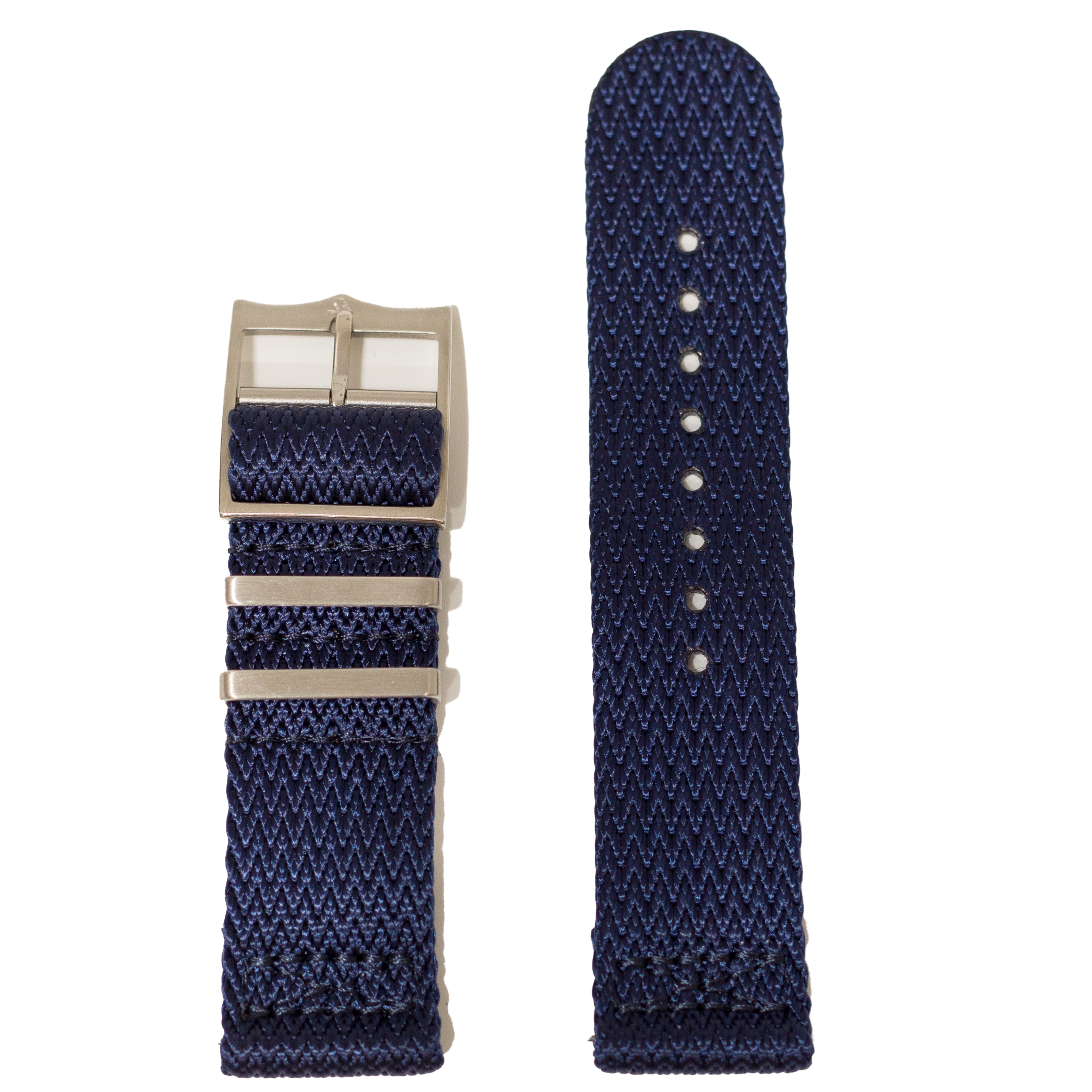 Navy blue Militex fabric watch band with silver buckle, featuring textured weave pattern and drainage holes for quick-dry capability