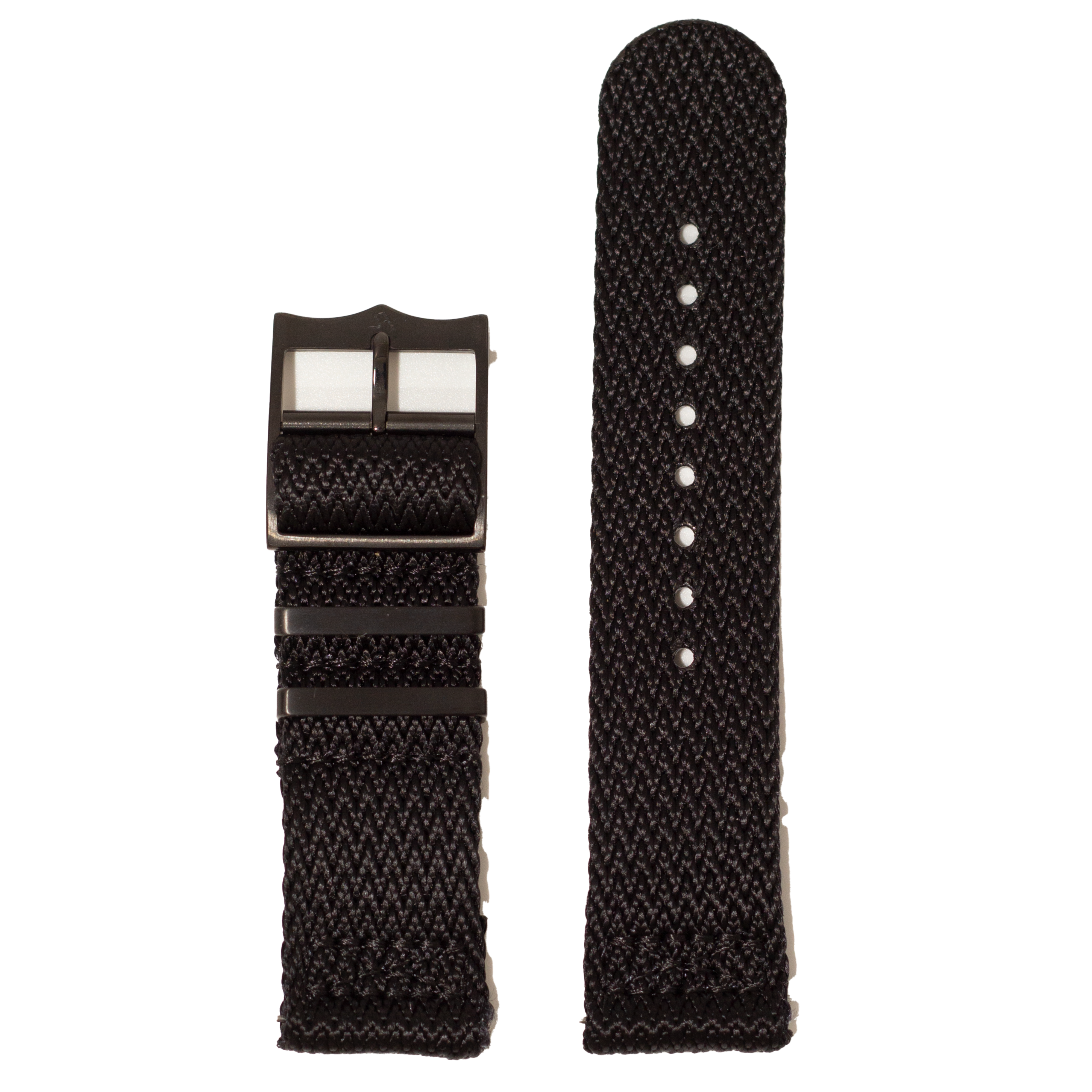 Black fabric military-style watch strap with quick-fit system, stainless steel hardware, and adjustable length for 26mm watch lugs
