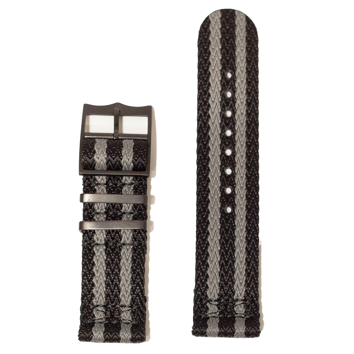 Black and grey nylon QuickFit watch band with militex weave, 26mm, featuring black hardware and quick-release spring bars